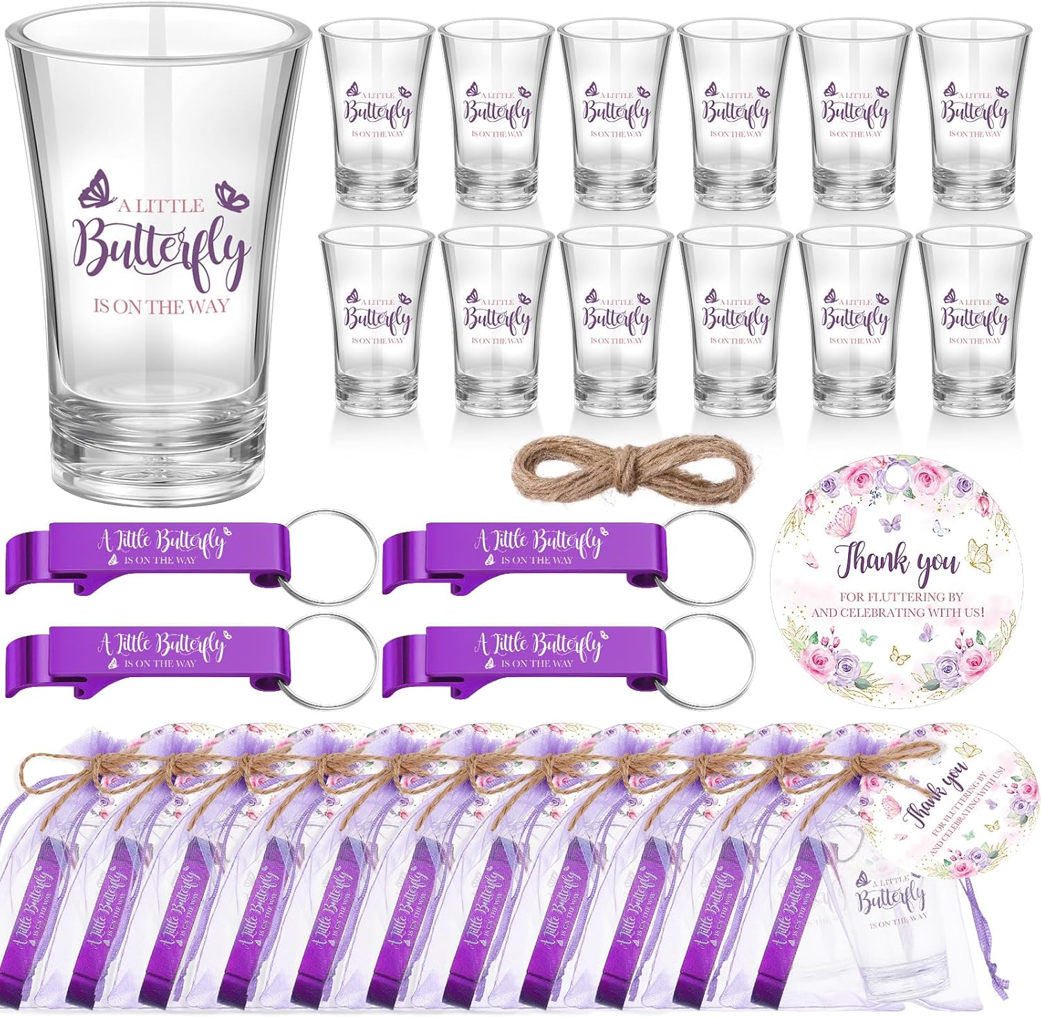 50 Sets Butterfly Baby Shower Favors for Guests a Little Butterfly Is on the Way Acrylic Shot Glasses with Bottle Opener Keychains Floral Thank You Tags and Bags Birthday Party Supplies