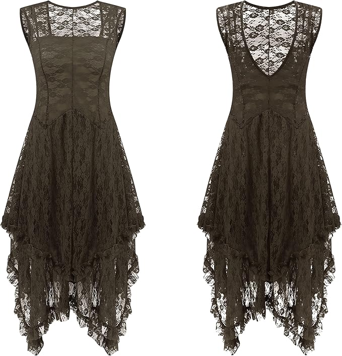 R.Vivimos Womens Sleeveless Backless Asymmetrical Layered Lace Long Dress with Slip Two Pieces