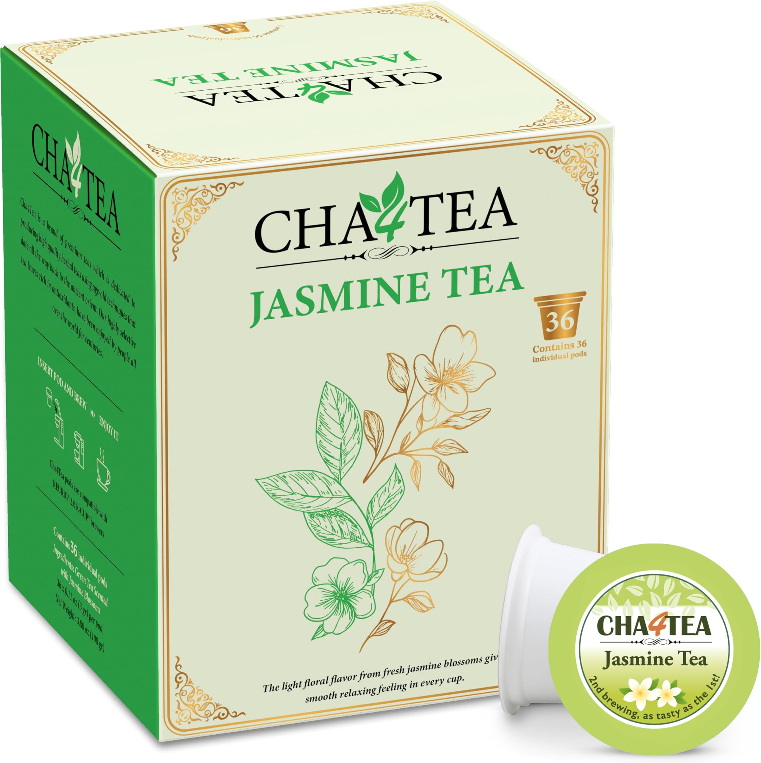 36-Count Jasmine Green Tea Pods Compatible with Keurig K-Cups Brewers