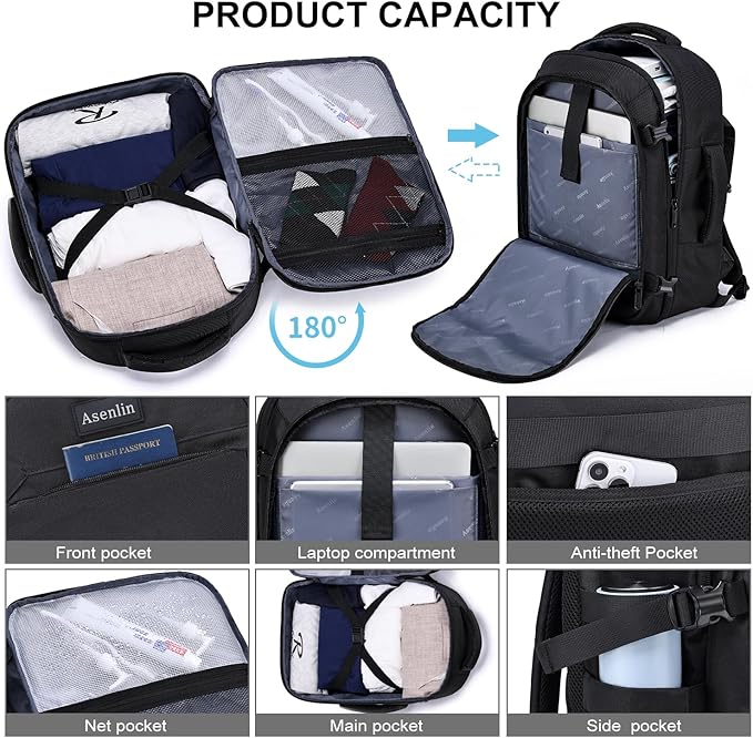 Asenlin Travel Backpack for Women and Men,15.6 Inch Carry on Backpack Flight Approved Luggage,Weekender Bag Water Resistant Laptop Backpack-Black