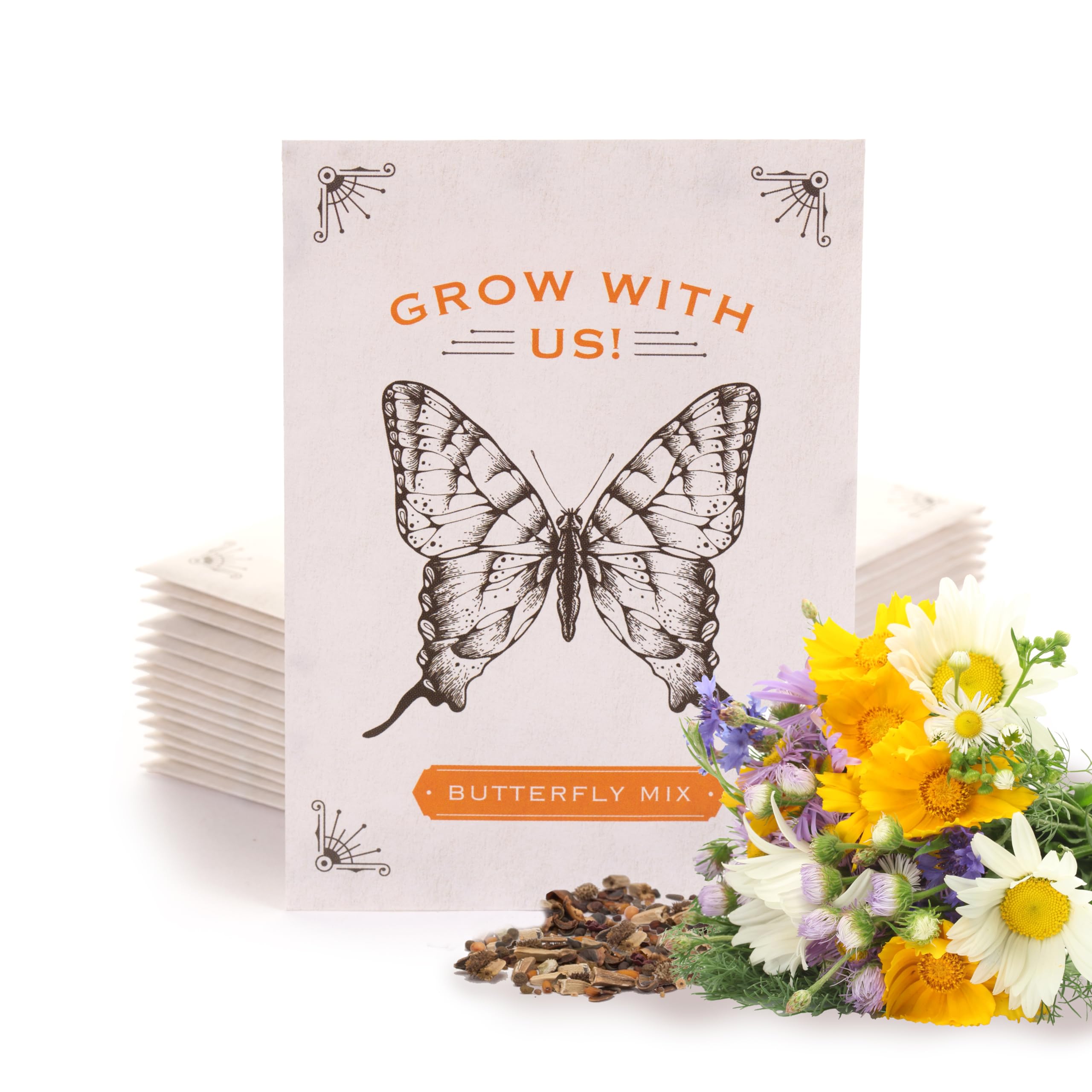 Bentley Seeds Grow with Us Pre Filled Butterfly Mix Seed Packets - 25 Individual Assortment Butterfly Mix Seed Packs for Party Favors Non-GMO Eco-Friendly Summer to Fall Gift - Outdoor Garden Seeds