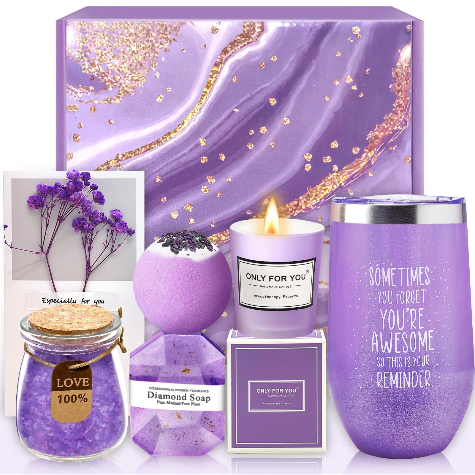 Gifts for Women - Spa Gift Basket & Tumbler Set - Perfect Mothers Day, Birthday, Christmas, Stocking Stuffers, Valentines Day Gifts for Her - Women, Wife, Girlfriend, Friends, Sister, Mom (Purple)