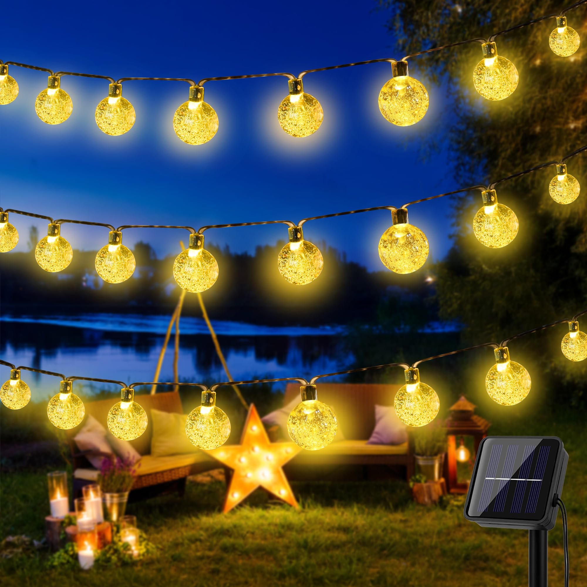 LuJasi Solar Lichterkette Aussen, 12M 60LED Lichterkette Außen Solar IP65 Wasserdicht, 8 Modi Kristall Kugeln, Solarlichterkette Outdoor für Balkon, Garten, Terrasse, Hochzeit, Party (Warmweiß)