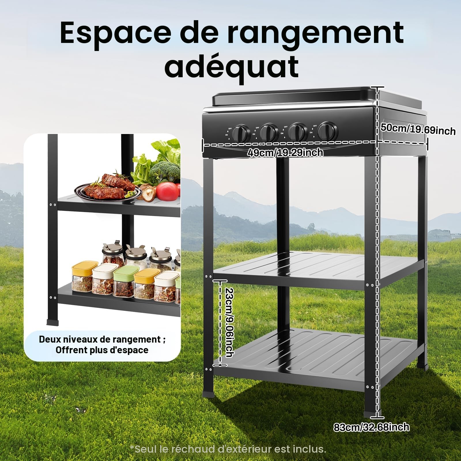 Réchaud à gaz d'extérieur à 4 brûleurs, réchaud à gaz portable avec double couche de mémoire et design coupe-vent, réchaud à gaz portable pour camping et extérieur (noir)