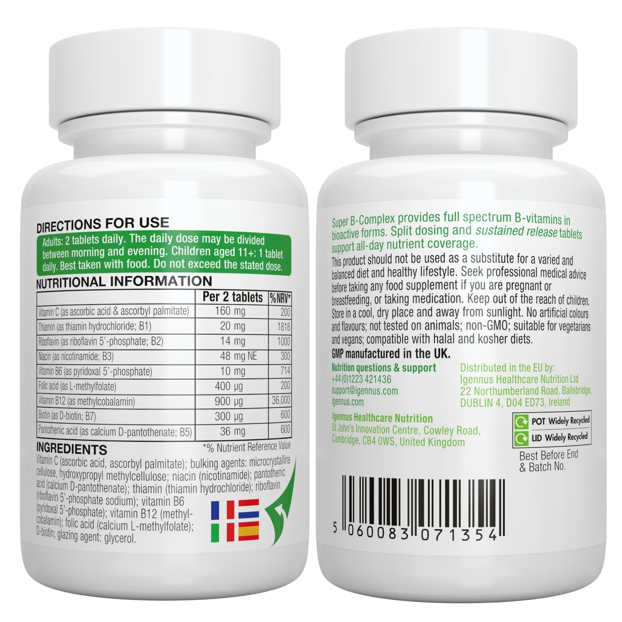 Igennus Super B-Complex à Haute Absorption avec Vitamines B Méthylées et Vitamine C, Liberation Prolongée, Ingredients Purs et Vérifié en Laboratoire, 180 Petits Comprimés, Vegan