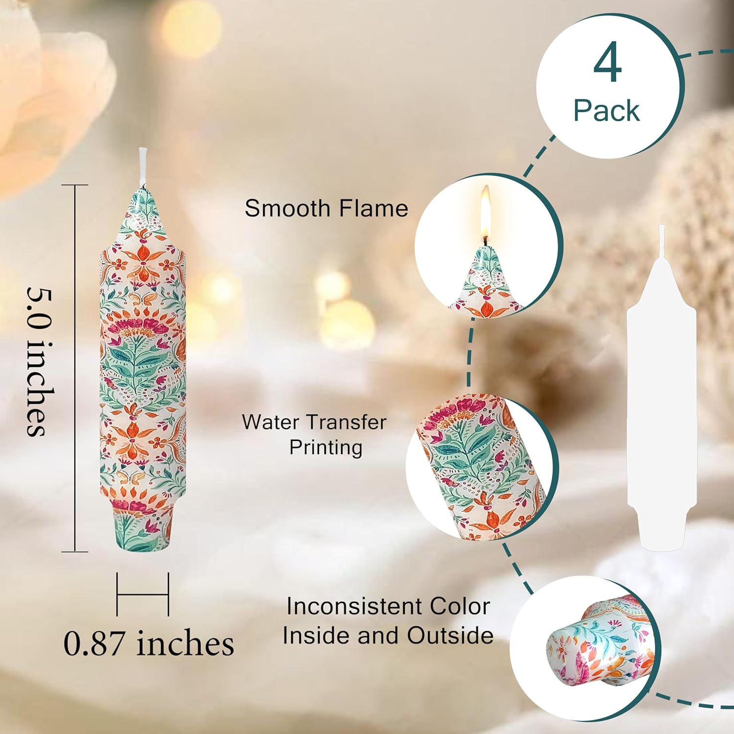 5 inch Short Candle Floral Candle Sticks Printed Candlestick Handmade Unscented Taper Candle 4 Pack Retro Flower Tapered Candles for Home Dinner Wedding Holiday