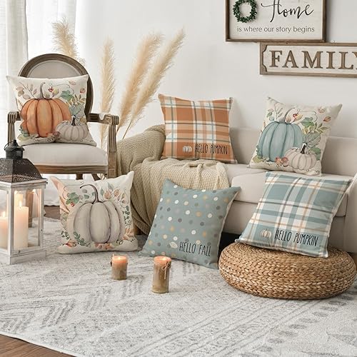 Miniatura 3 de AVOIN colorlife Juego de 4 fundas de almohada con texto en inglés Hello Fall Hello Pumpkin, 12 x 20 pulgadas, cosecha de Acción de Gracias, color