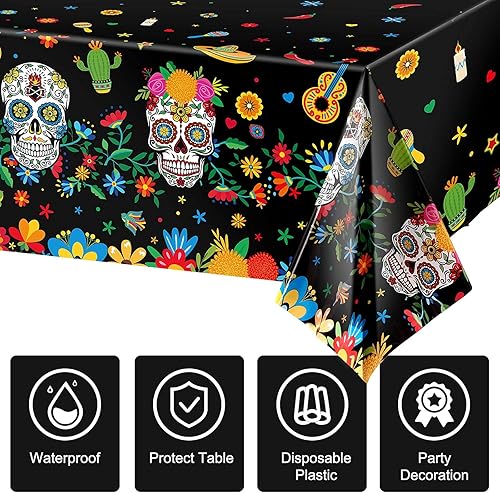 Miniatura 3 de Mantel de plástico con diseño del Día de los Muertos con diseño floral de calavera de azúcar, desechable, rectangular, para Halloween, fiesta