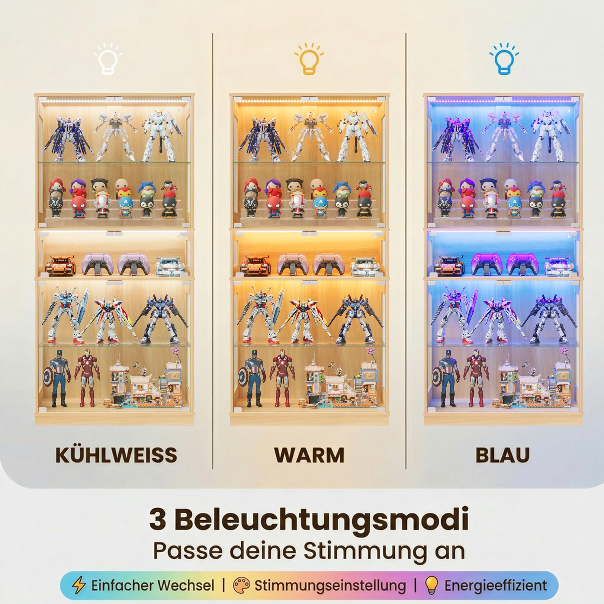 ZKIODV Glasvitrine mit LED Beleuchtung, 5-Lagen Vitrinenschrank Glas Stehend, Holz Vitrine mit Intelligente Sensorik, Sammlervitrine Staubdicht für Wohnzimmer Schlafzimmer Büro - 165x80 cm (Eiche)