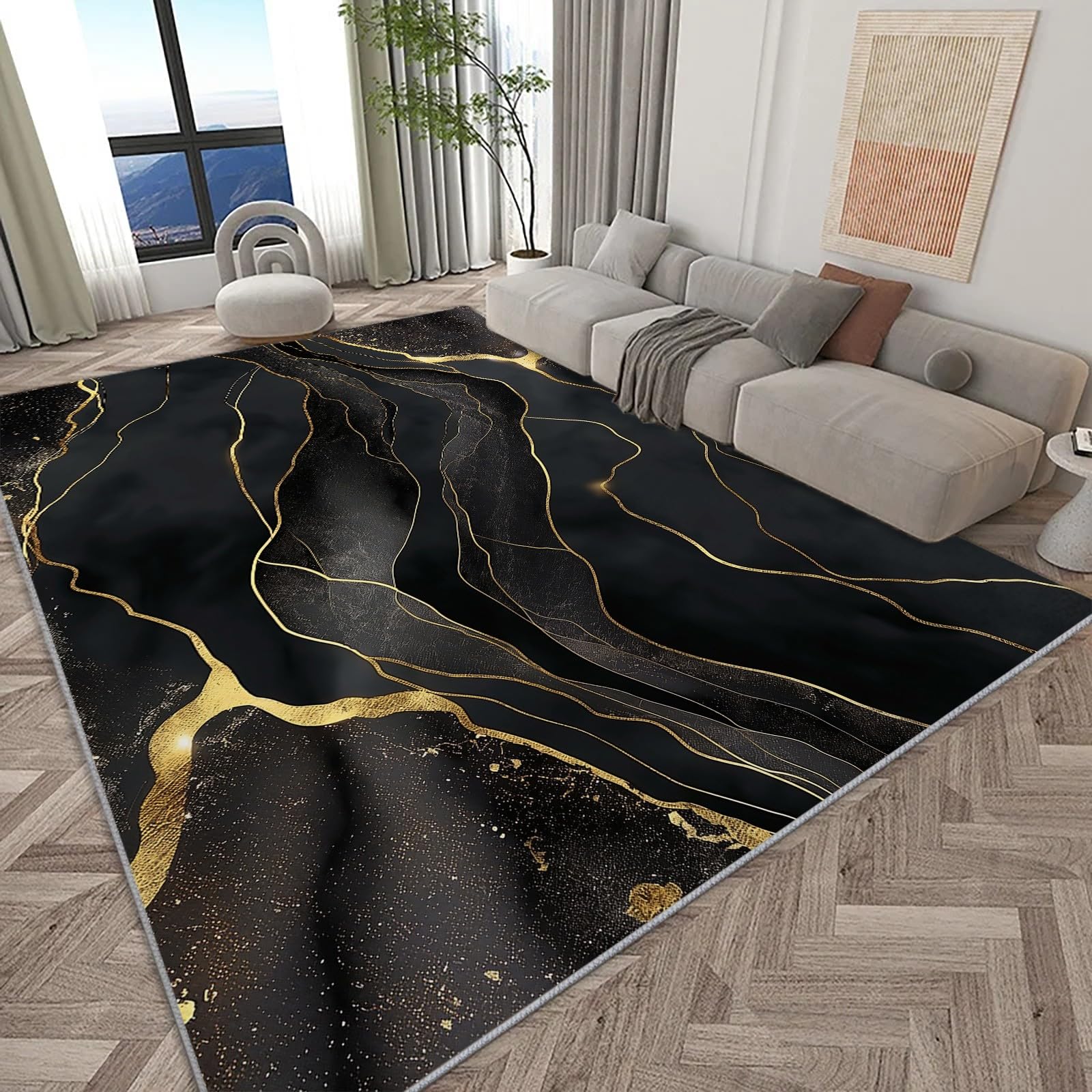 Tapis de salon marbre noir 80x150cm moquette moelleuse decoration interieure chambre