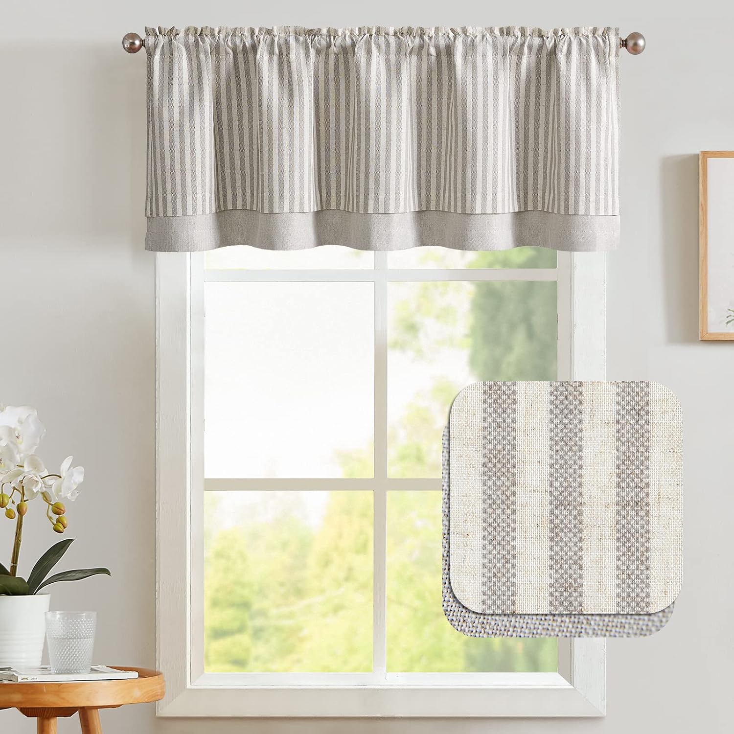 Vangao Kitchen Valance Linen Stripe Short Farmhouse Rustic Tickingstripe Double Layer Blackout Window Topper Treatments 18 Inch 1 Panel Grey on Beige 50" x 18"