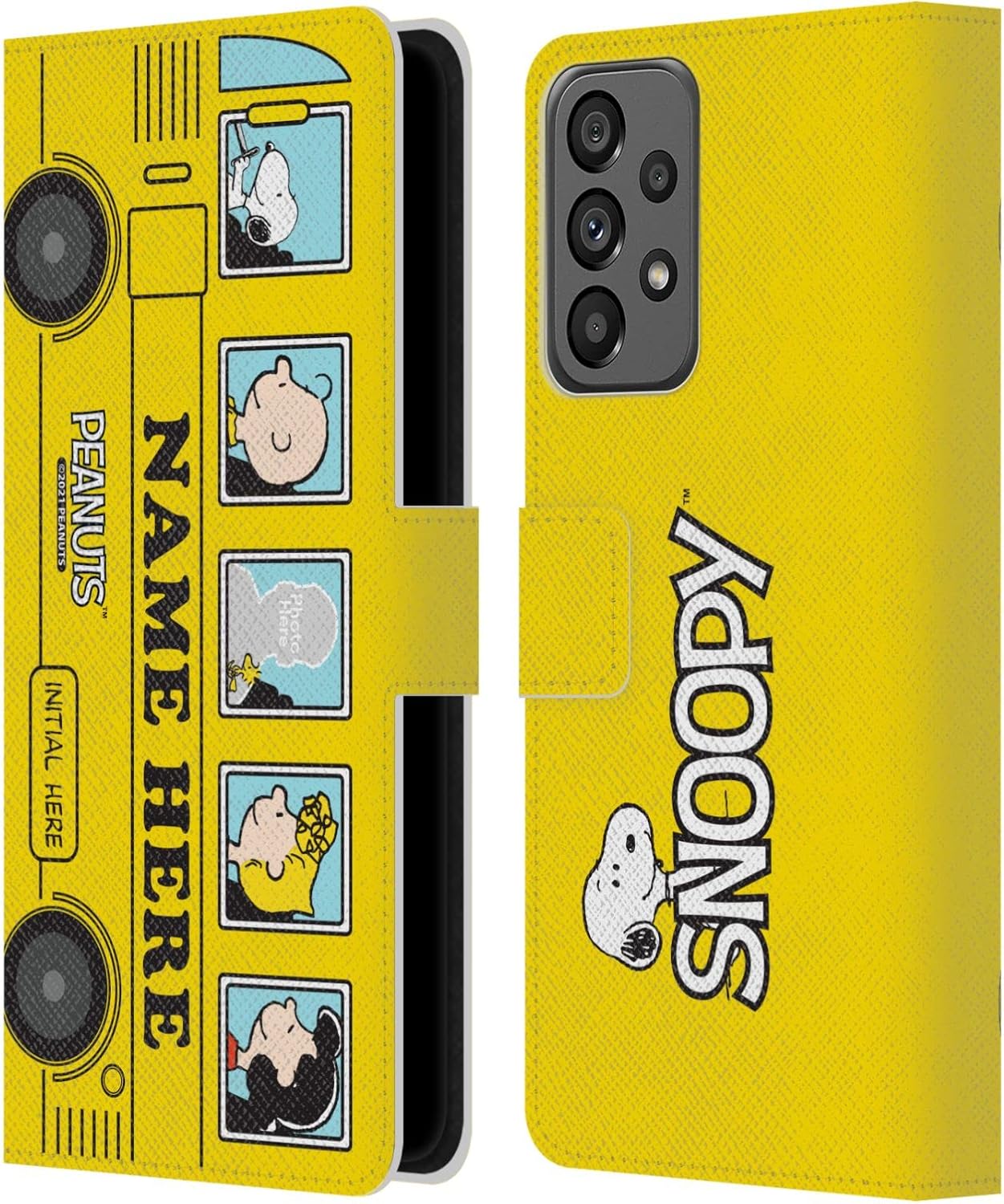 Head Case Designs Officially Licensed Custom Customized Personalized Peanuts Yellow Bus Art Leather Wallet Case Compatible with Samsung Galaxy A73 5G (2022)