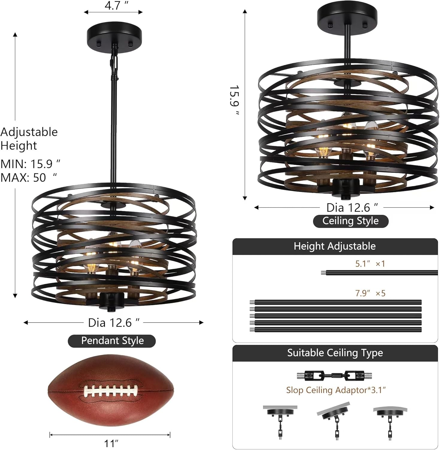 3-Light Dining Room Chandelier，12.6" Rustic Black Drum Chandeliers，Wood Grain and Vintage Light Fixture for Kitchen Entryway Living Room
