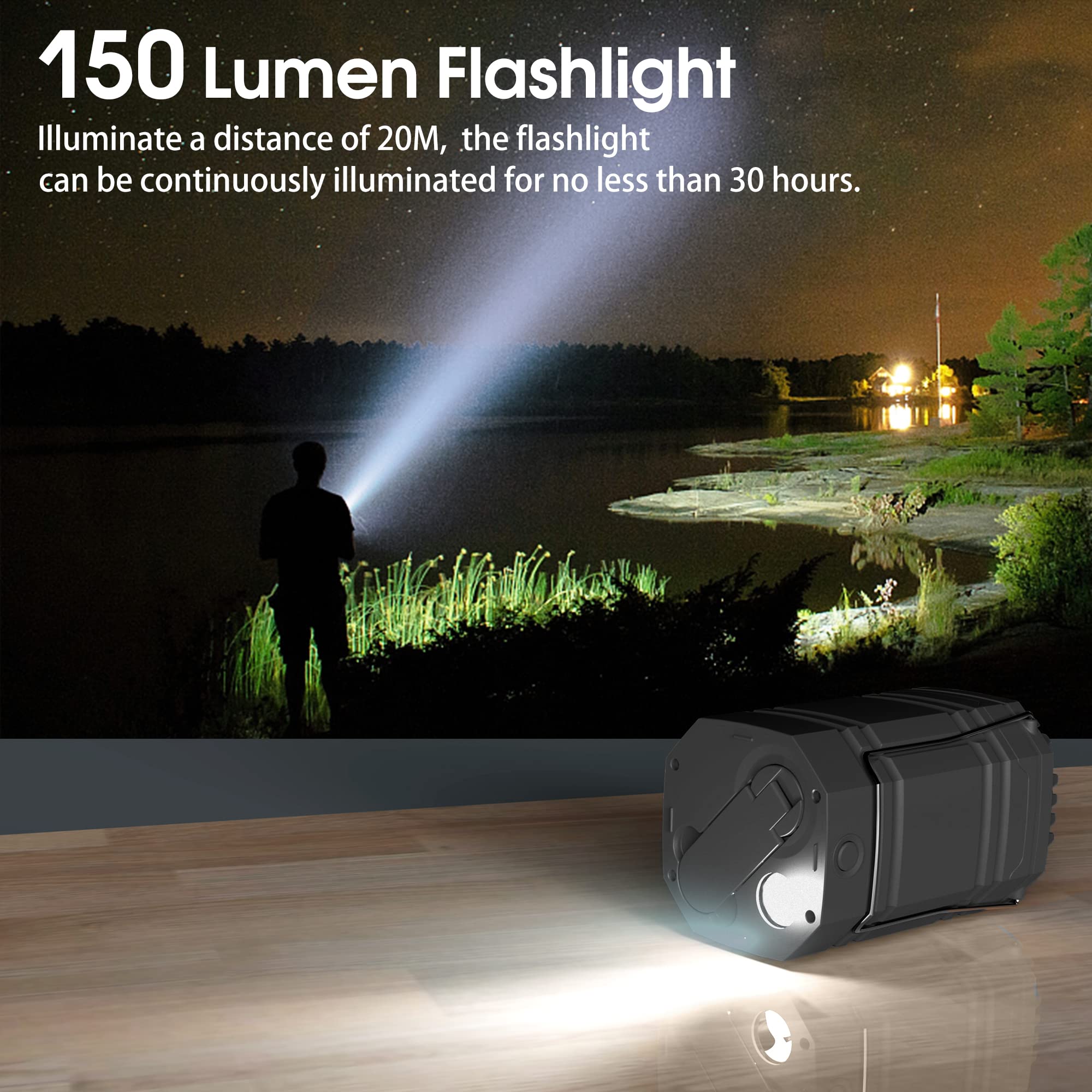 Lanterna Solare da Campeggio a Manovella, Torcia a LED Portatile Ultra Luminosa, Batteria 3000 mAh e Durata Della 30-35 Ore, Porta USB e Impermeabile per Esterno, Lettura, Escursionismo, Emergenza