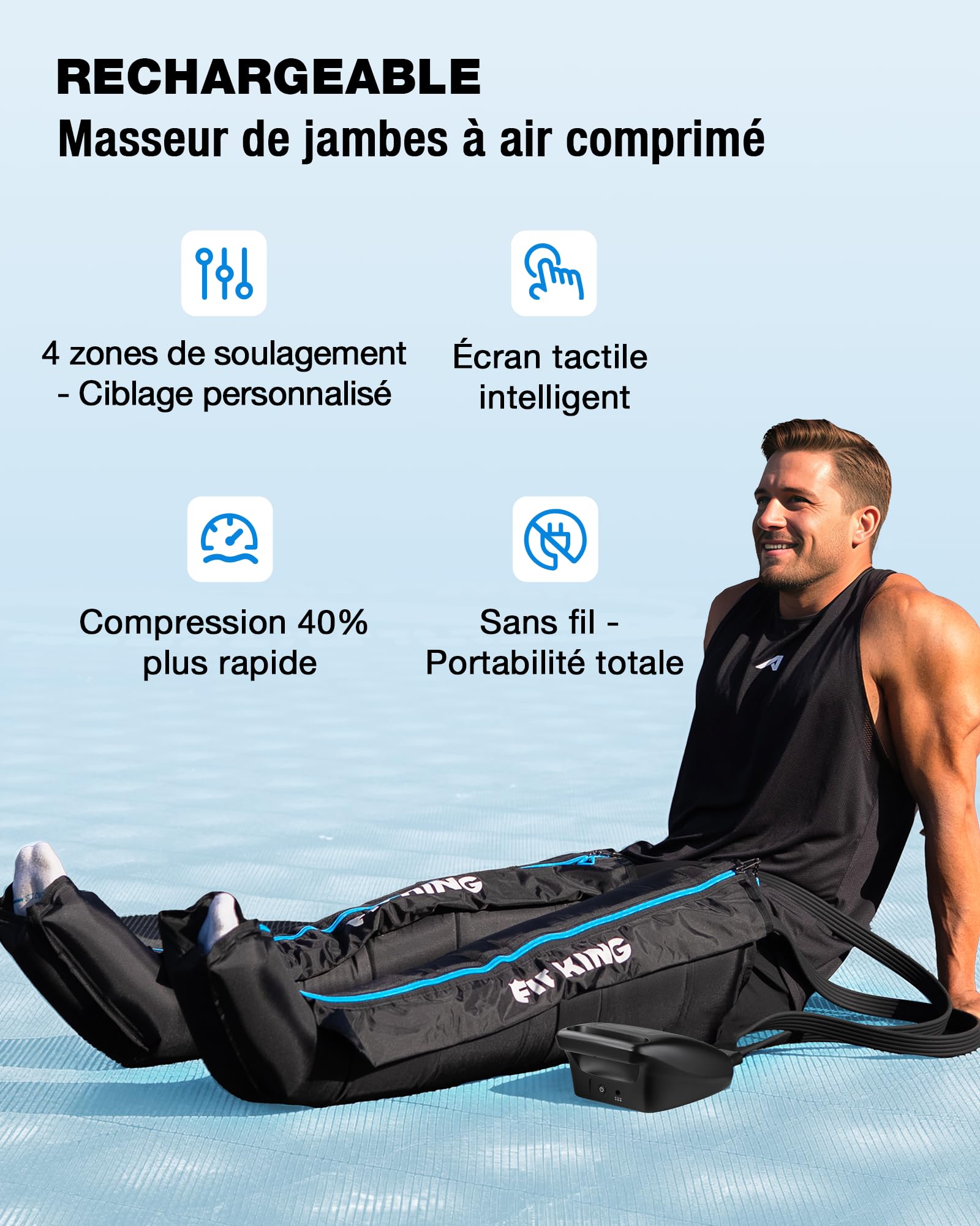 FIT KING Pressothérapie Jambes avec Contrôle 4 Zones, Rechargeable, Bottes de Compression d’Air pour la Récupération et la Relaxation Musculaire Profonde, Portable sans Fil, 12 Intensités, 3 Modes (M)