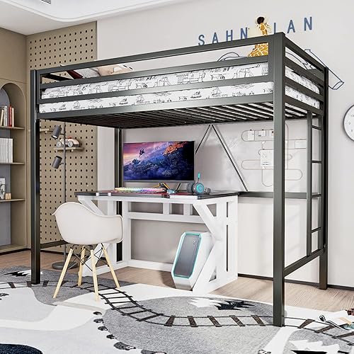 ikalido - Cama elevada de metal tamaño individual con barandilla de seguridad y escalera, no necesita somier, muebles de dormitorio que ahorran Mate