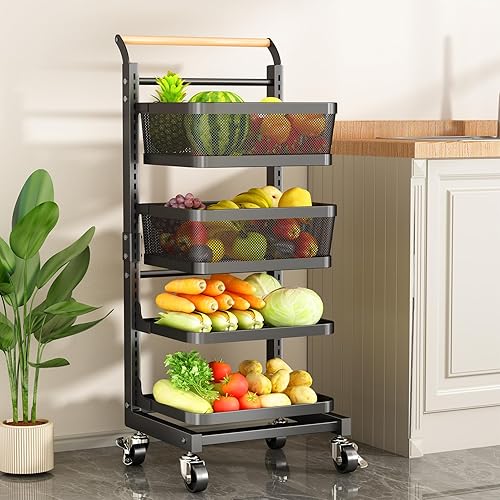 Carrito rodante de 4 niveles carrito de utilidad ajustable colgante para ollas de cocina oficina lavandería baño negro