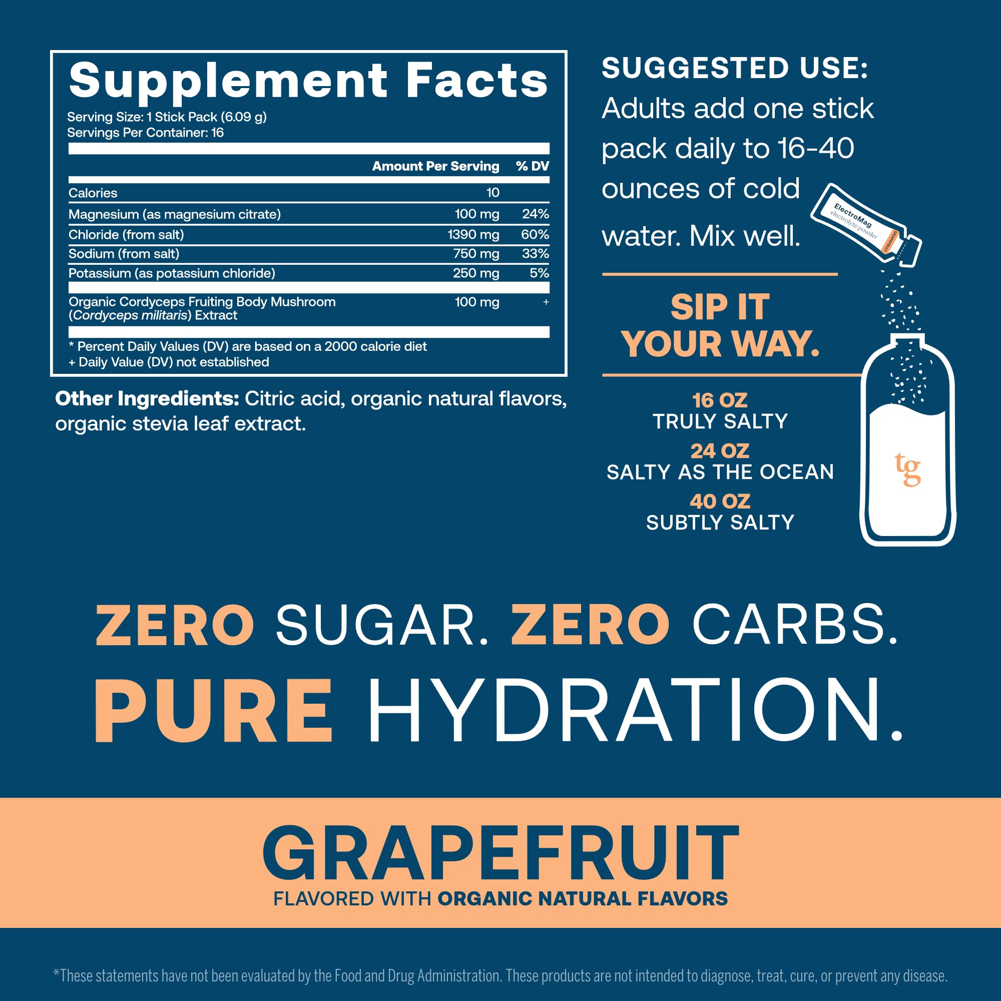 True Grace ElectroMag - 16 Stick Packs (Pack of 2) - Grapefruit - Electrolyte Powder for Rapid Hydration - Sodium, Potassium, Magnesium & Cordyceps - Zero Sugar & Carbs - Non-GMO - 32 Total Servings