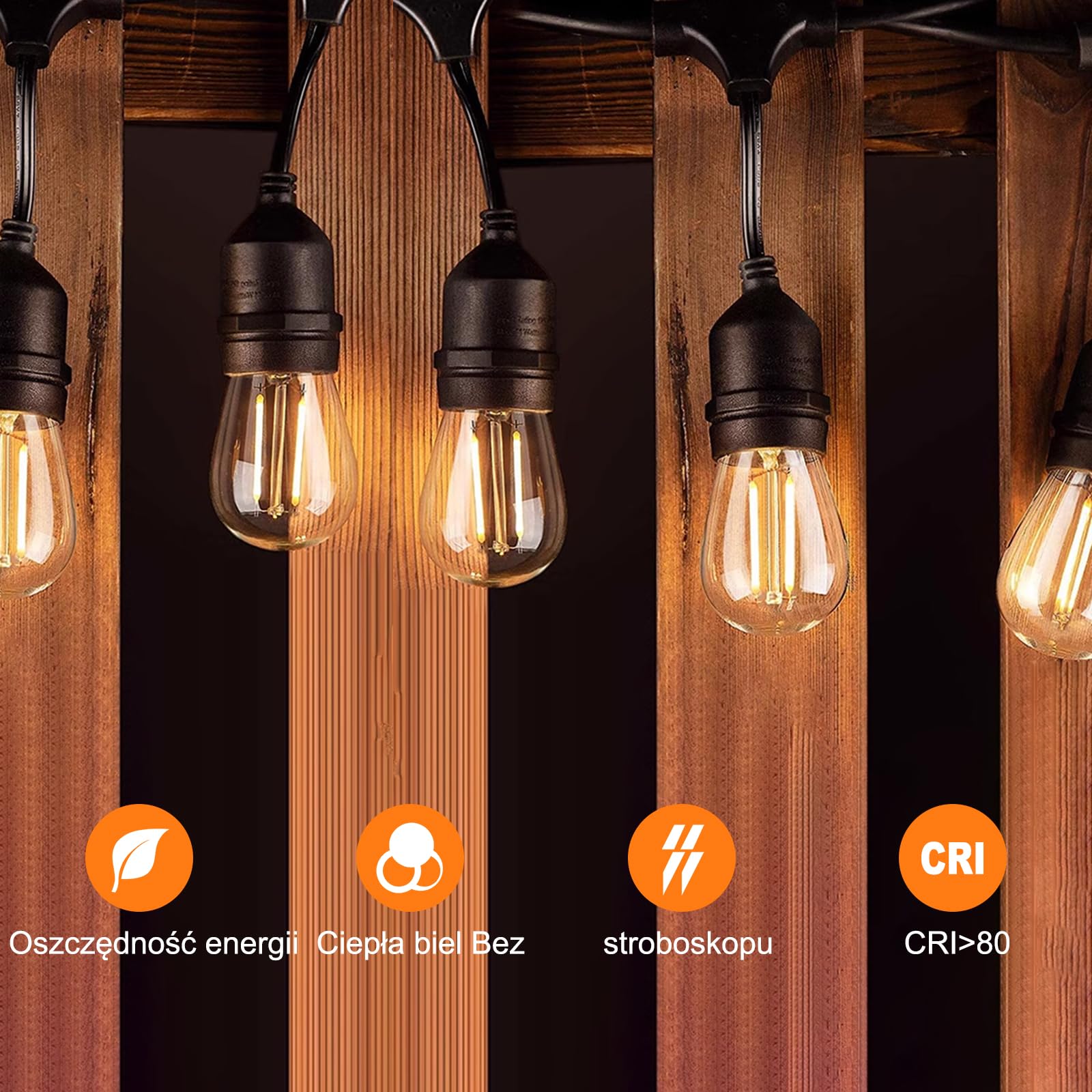 BRIMAX Łańcuch świetlny LED na zewnątrz, 30 metrów z 30 żarówkami 2 W S14, prąd AC 220-240 V, 2700 K ciepła biel, wodoszczelność IP44, oświetlenie zewnętrzne do ogrodu, na imprezę, wesele, kemping