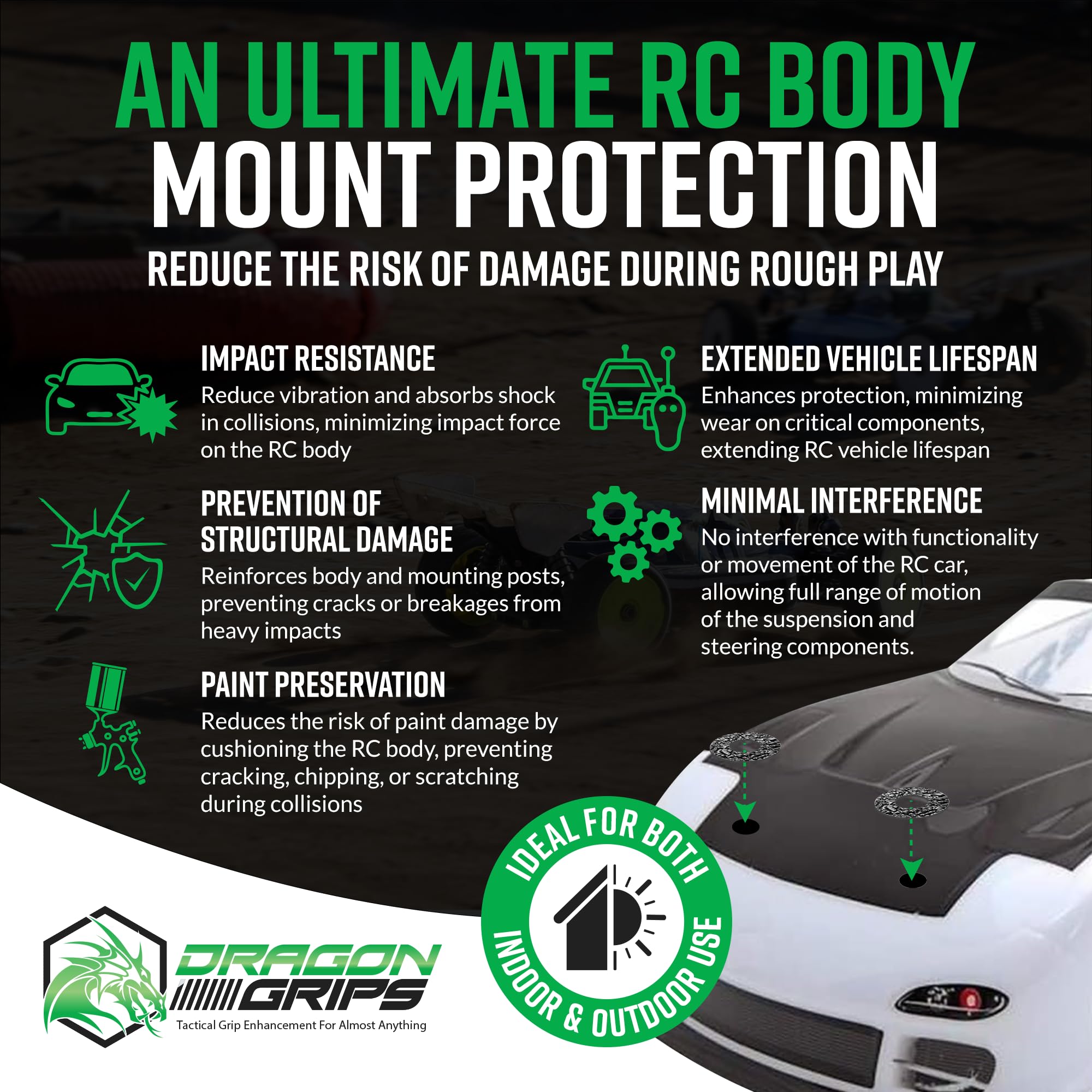 RC Body Clip Hole Protectors, 49pc Black PVC Stickers for 1/10 RC Crawler Body Shells, Stick-on Accessories That Prevent Clip Hole Damage and Cracking, Protect Custom-Painted Bodies, by Dragon Grips