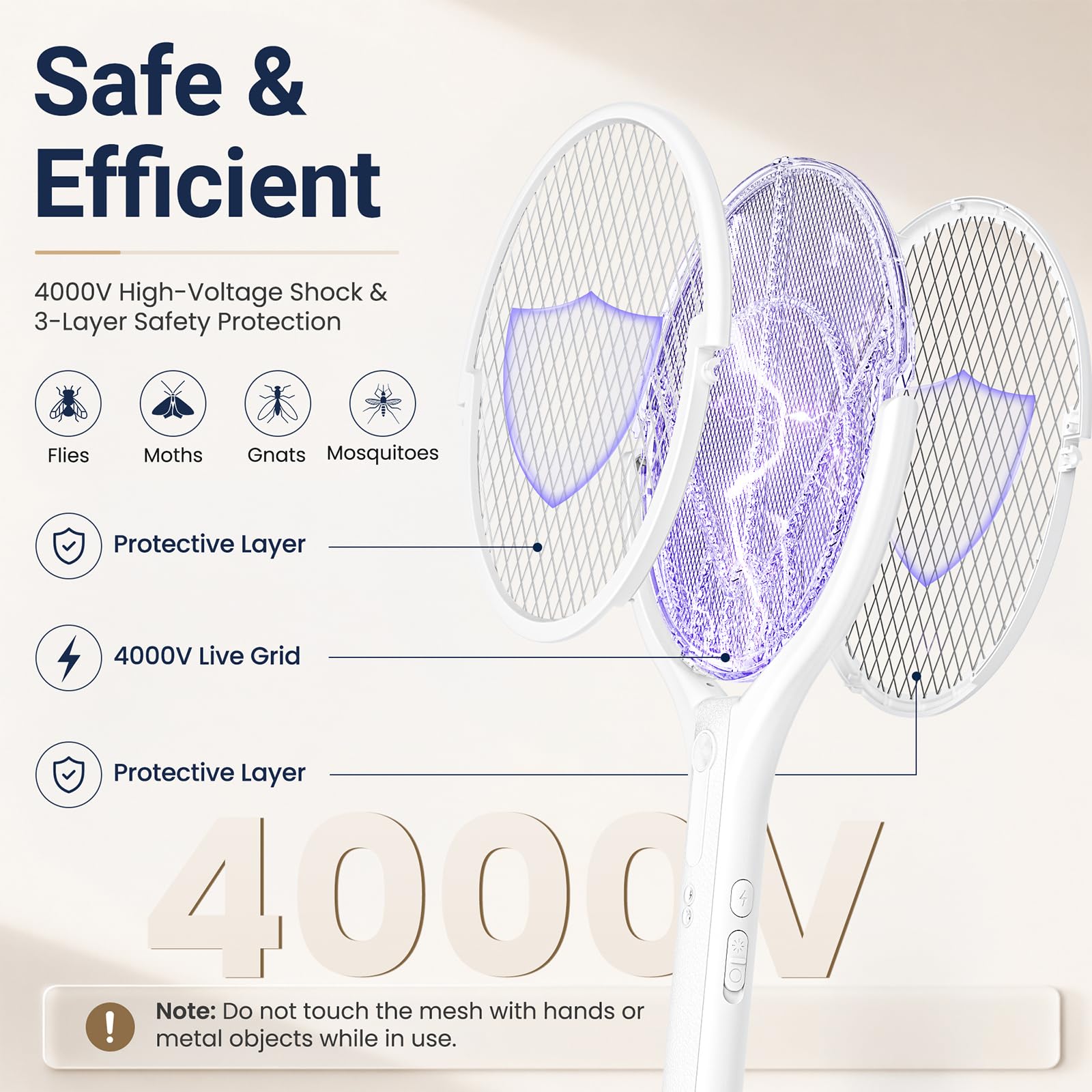 Racchetta Zanzare Elettrica con Asta Telescopica & Testa Rotante, 4000V 1800mAh Racchetta Antizanzare Ricaricabile, Tripla Rete di Protezione, 2 in 1 LED Lampada Zanzare per Interni Esterni
