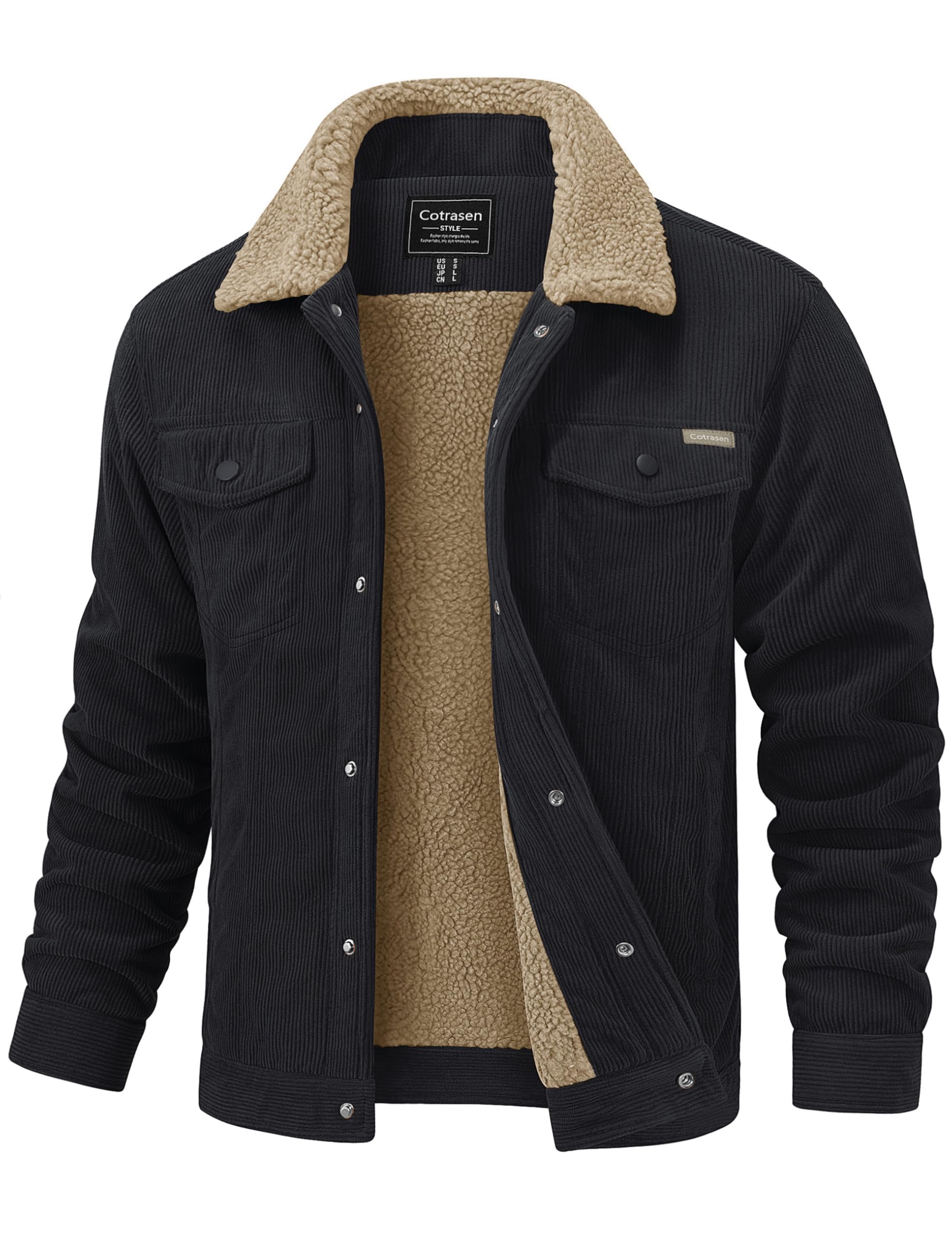 Cotrasen Men's Corduroy Jacket Winter Sherpa Lined Fleece Trucker Coat | Thick Sherpa Fleece Lining, Lapel Collar, Corduroy Trucker Jacket, Button‑Up Front, Adjustable Snap Cuffs & Hems, 5 Pockets