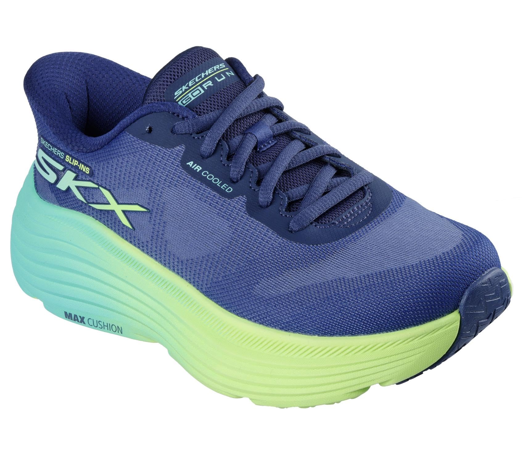 Skechers Women's Max Cushioning Endeavour Hallandale Slip-On Sneakers, Navy Textile/Lime Trim, 4.5 UK