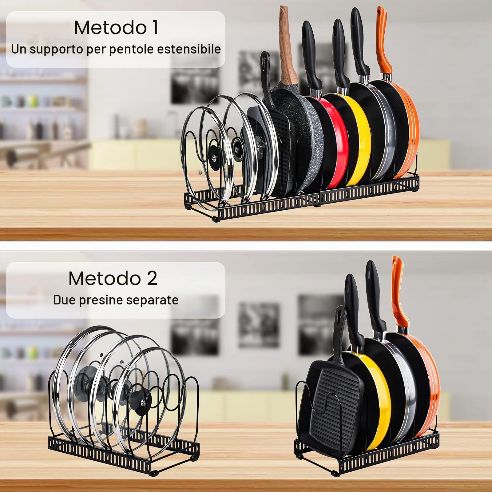 Toplife Porta Padelle Allungabile in Acciaio con 10 Scomparti Regolabili, Porta Coperchi Pentole Salva Spazio, Organizer Cucina, Nero