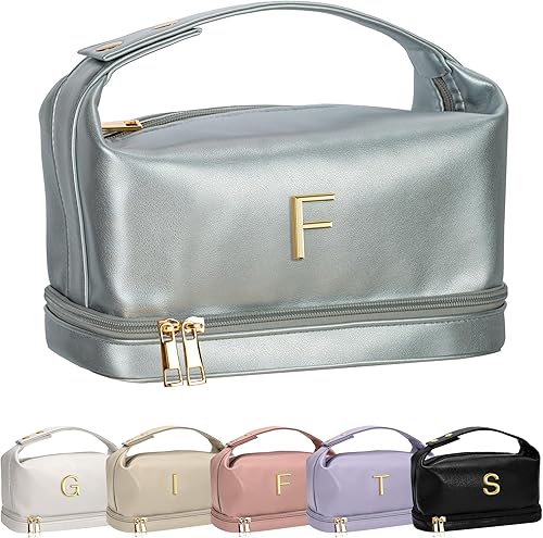 Vista 148 de Regalos Vogewood para mujeres, bolsa de maquillaje personalizada con asa, bolsa de cosméticos inicial de doble capa con organizador de brochas