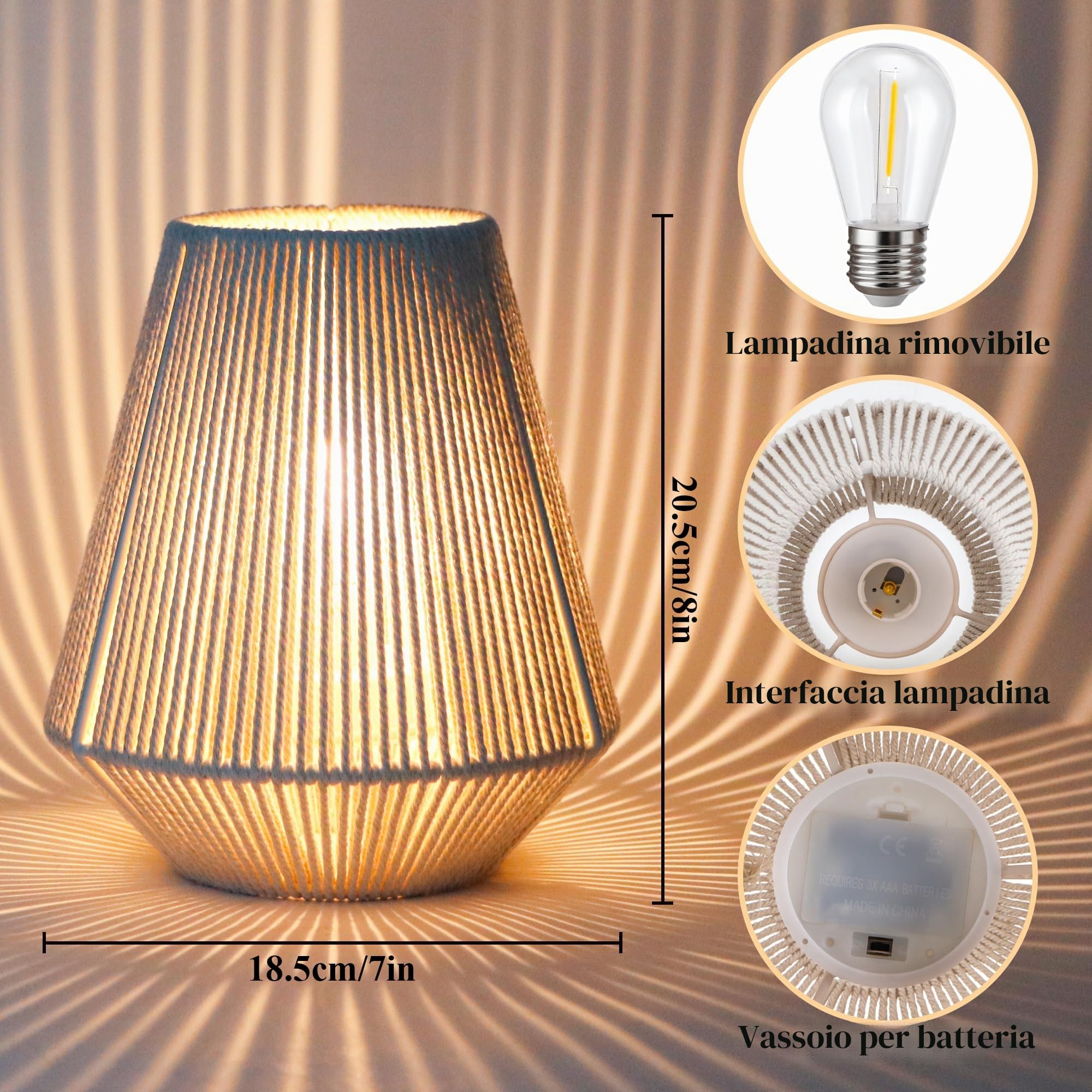 JHY DESIGN Set di 2 lampade da tavolo con paralume in tessuto, altezza 21 cm, corda di cotone, luci da comodino, senza fili, decorative, a batteria, con timer di 6 ore, per camera da letto, soggiorno