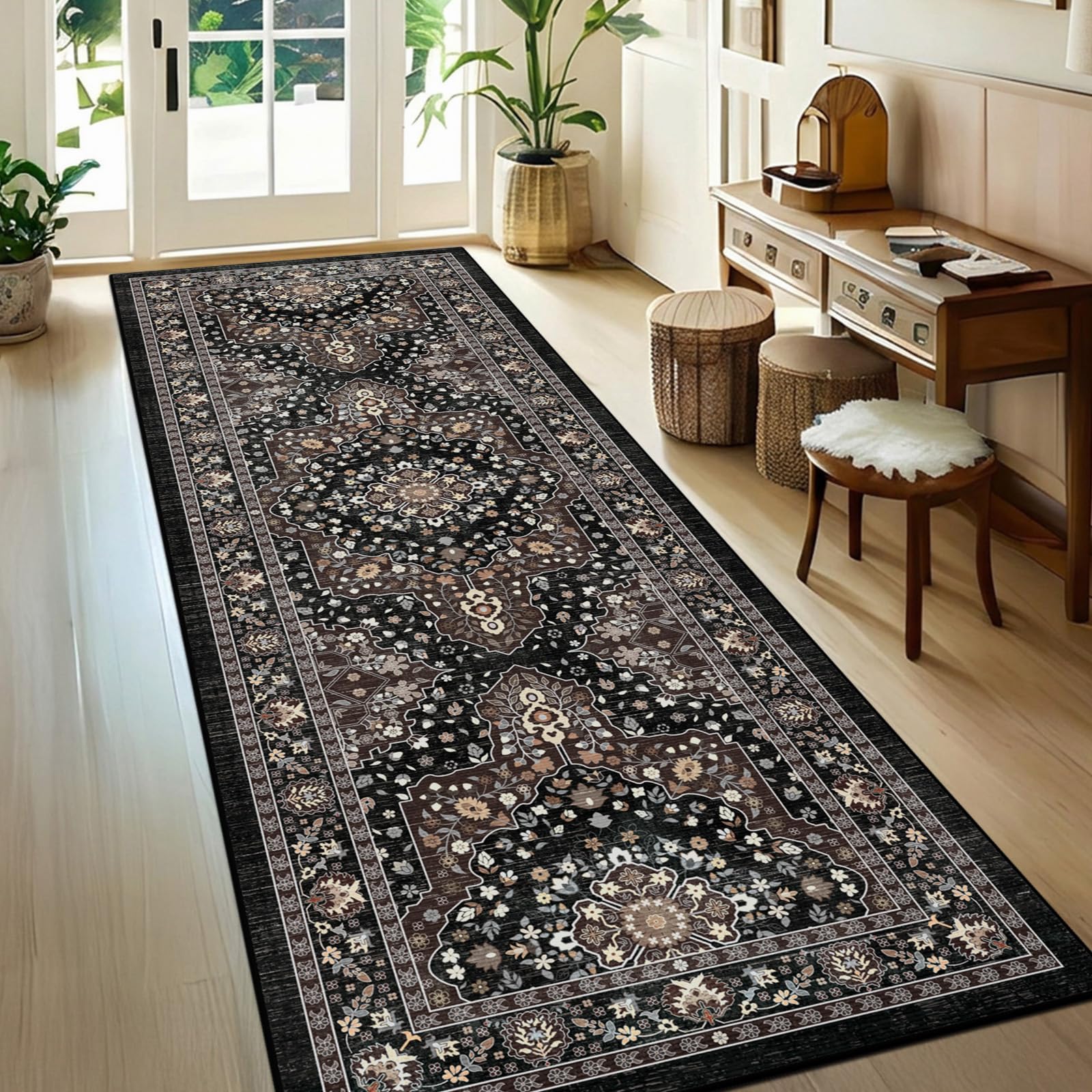 TUKDAK Vintage Teppich Läufer Flur 60x180cm, Schwarz Kaffee Boho Teppichläufer für Flure rutschfest, Waschbar Kurzflor Küchenläufer, Weich Küchenteppich für Flur Waschküche Eingang Wohnzimmer