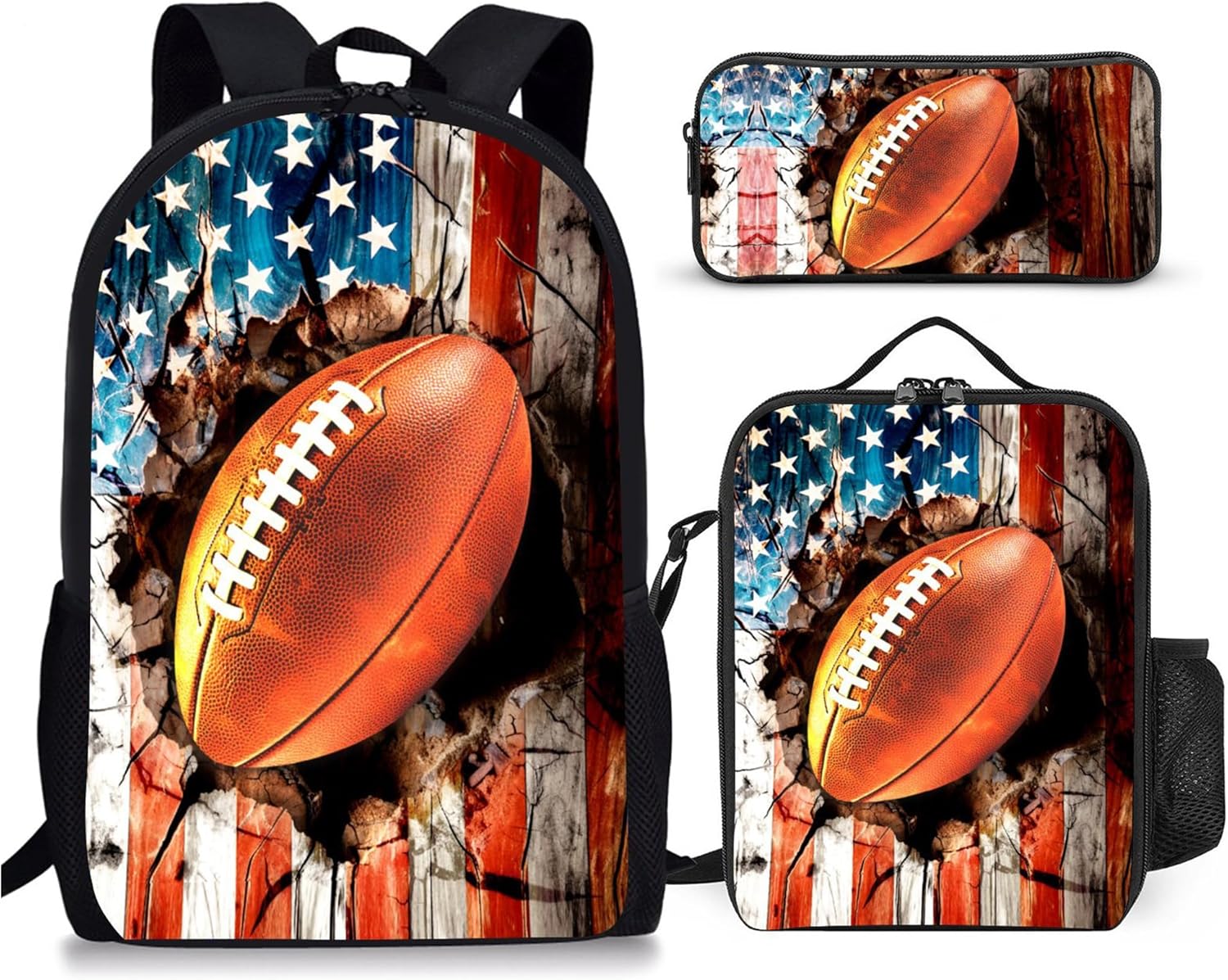 3PCS Football Backpack for Boys Girls Teens, School Backpack with Lunch Box Pencil Case for Elementary Middle High Students, 17 Inch Lightweight Bookpack 3 in 1 Set Back to Shool Supplies for Kids