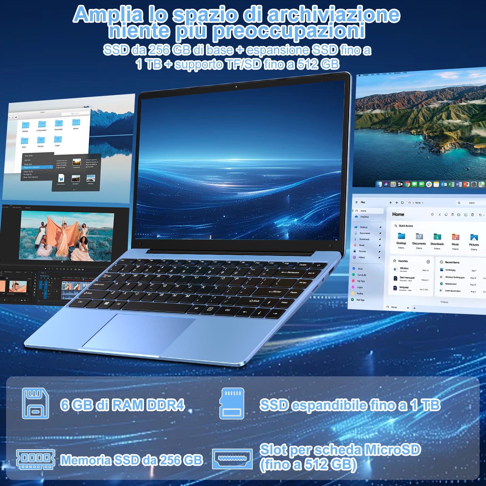 bvate PC Portatile 14 Pollici Notebook Win 11 Computer 256GB 1080P 2.4G+5G Supporta La Scheda SSD La Scheda TF Estesa, Wireless Bluetooth Mouse Wifi, Italiana Tastiera -Blu