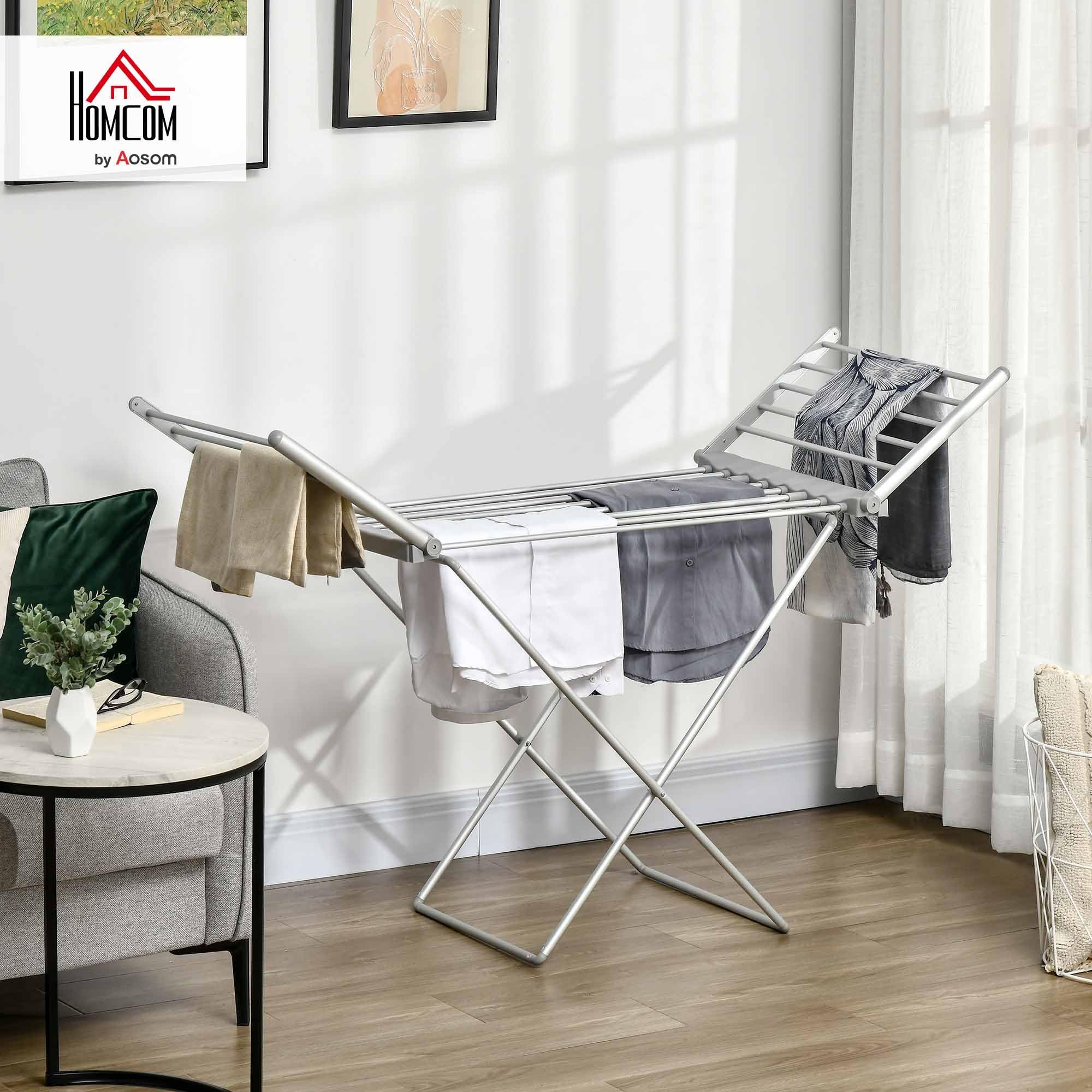 HOMCOM Stendino Elettrico Riscaldato con Ali, Stendibiancheria Pieghevole Salvaspazio in Lega di Alluminio, 144x53x91cm, Argento