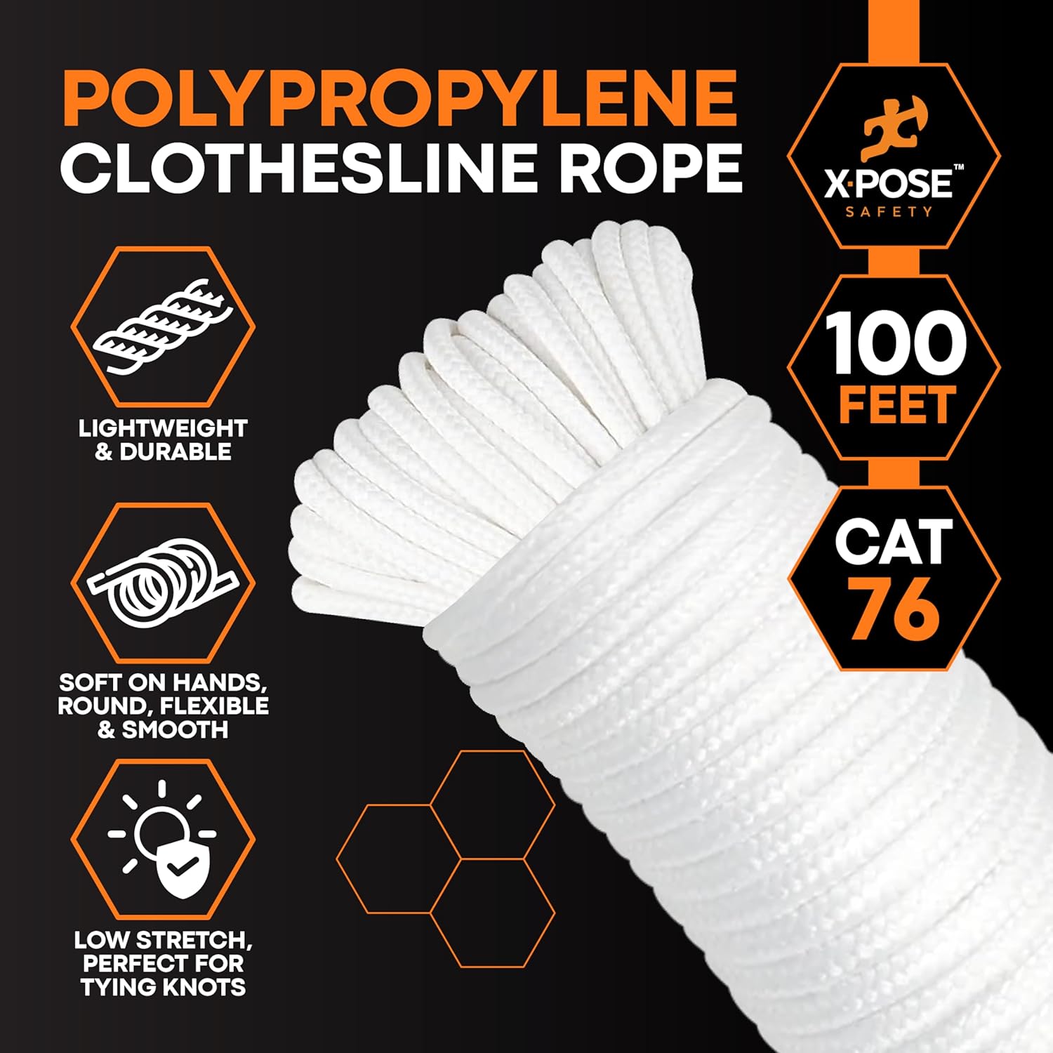 Diamond Braided Clothesline Rope – 6/32" x 100 ft – Durable Polypropylene, Heavy-Duty Poly Braided Cord for Clothesline, Camping, Tent, Flagpole, Arborist, Hoist, Pulley – White (6 Pack)