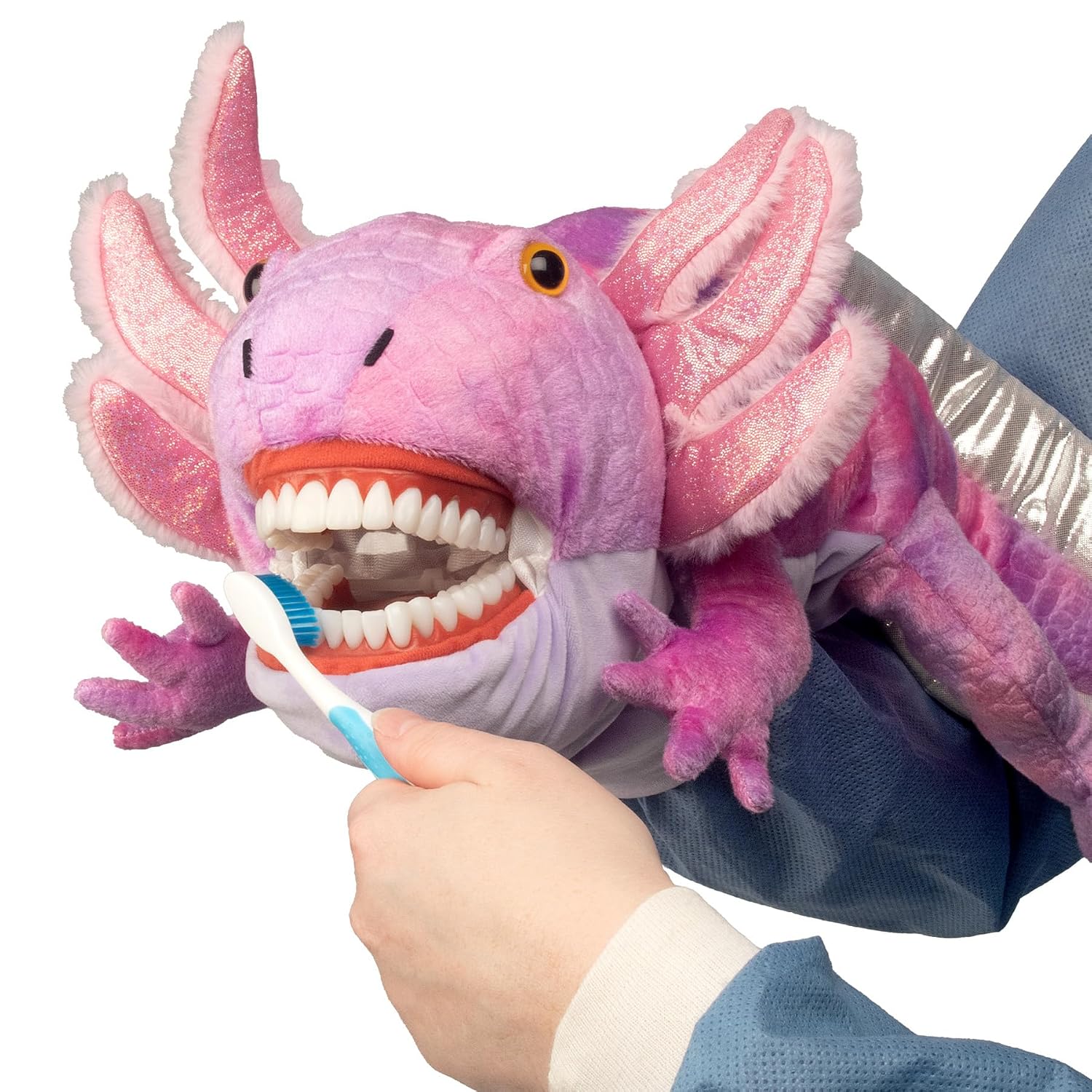 Practi Pals Lolly Axolotl Dental Hygiene Puppet, Dental Educational Plush Doll, Oral Health Teaching Aid with Fully Flossable Typodont