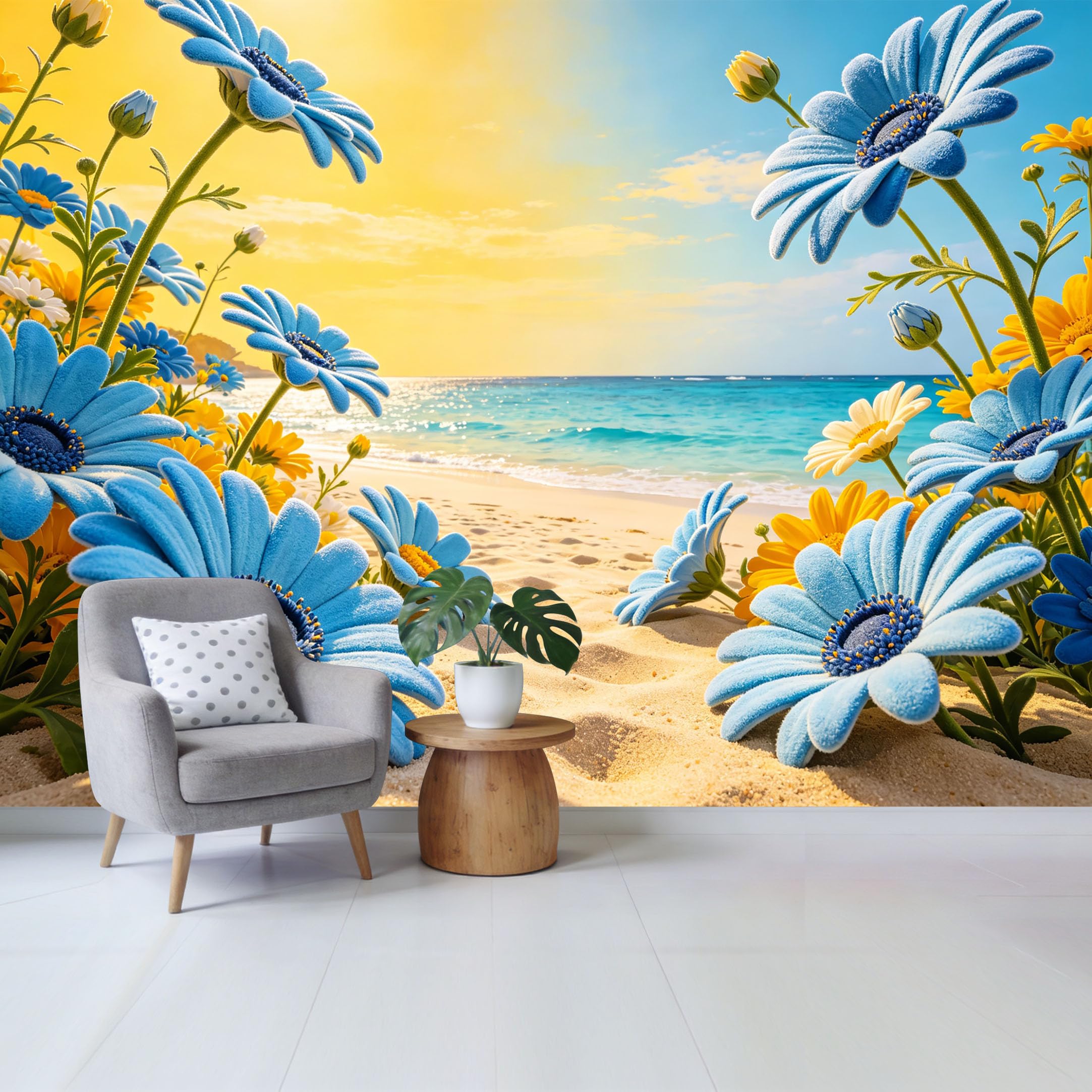 Qzlithotic Yq2605251241 Custom Size Wall Mural Blue Daisy Flowers Tropical Beach Ocean Scenery Watercolor Style Selfadhesive Wall Fabric Removable Wallpaper For Home Office Decor