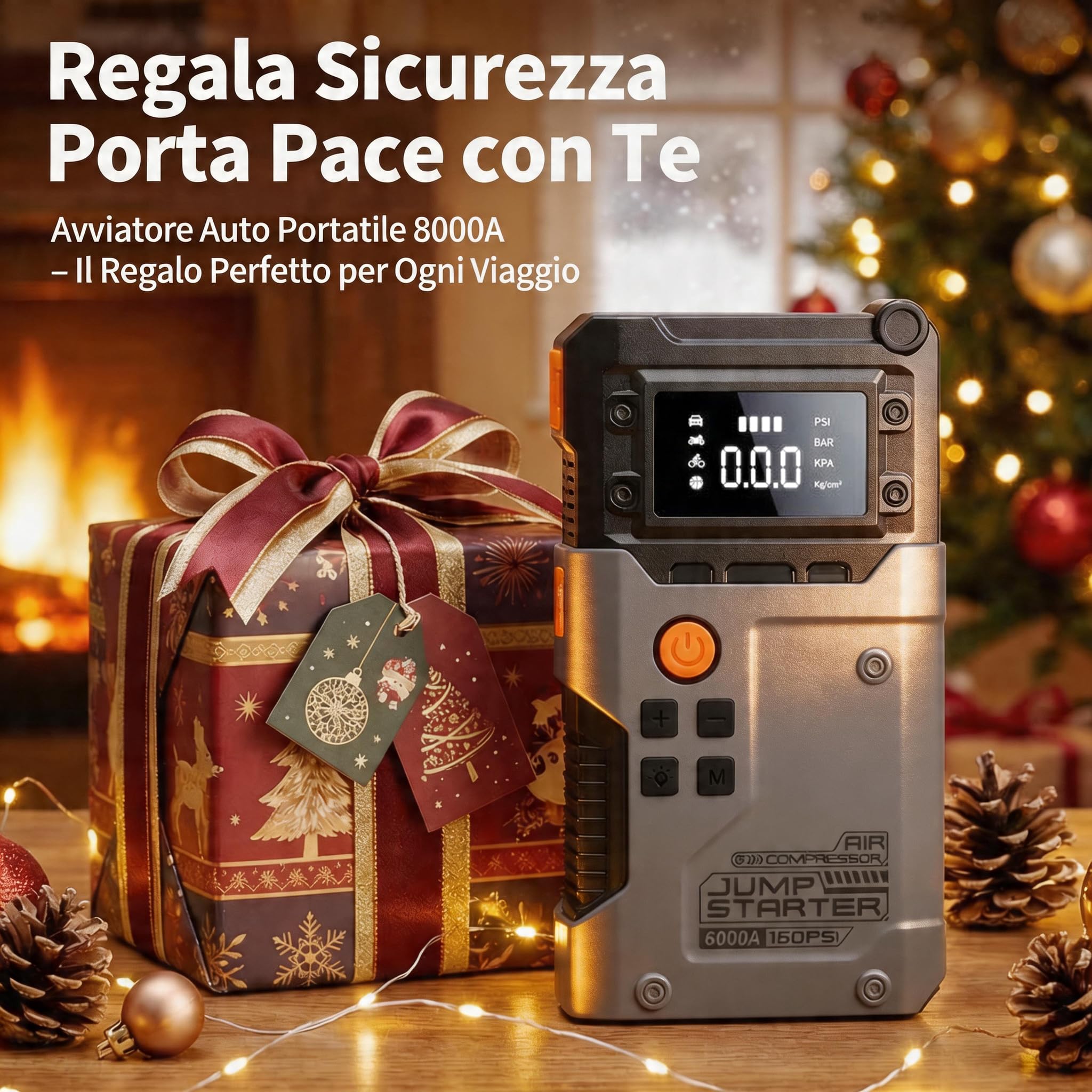 Avviatore Batteria Auto 6000A, Booster Avviatore Auto con Compressore 160PSI (per 12V 10.0L GAS e 8.0L DIESEL), Jump Starter 5V/3A,LED,Starter Batteria LCD,Avviatore Emergenza USB