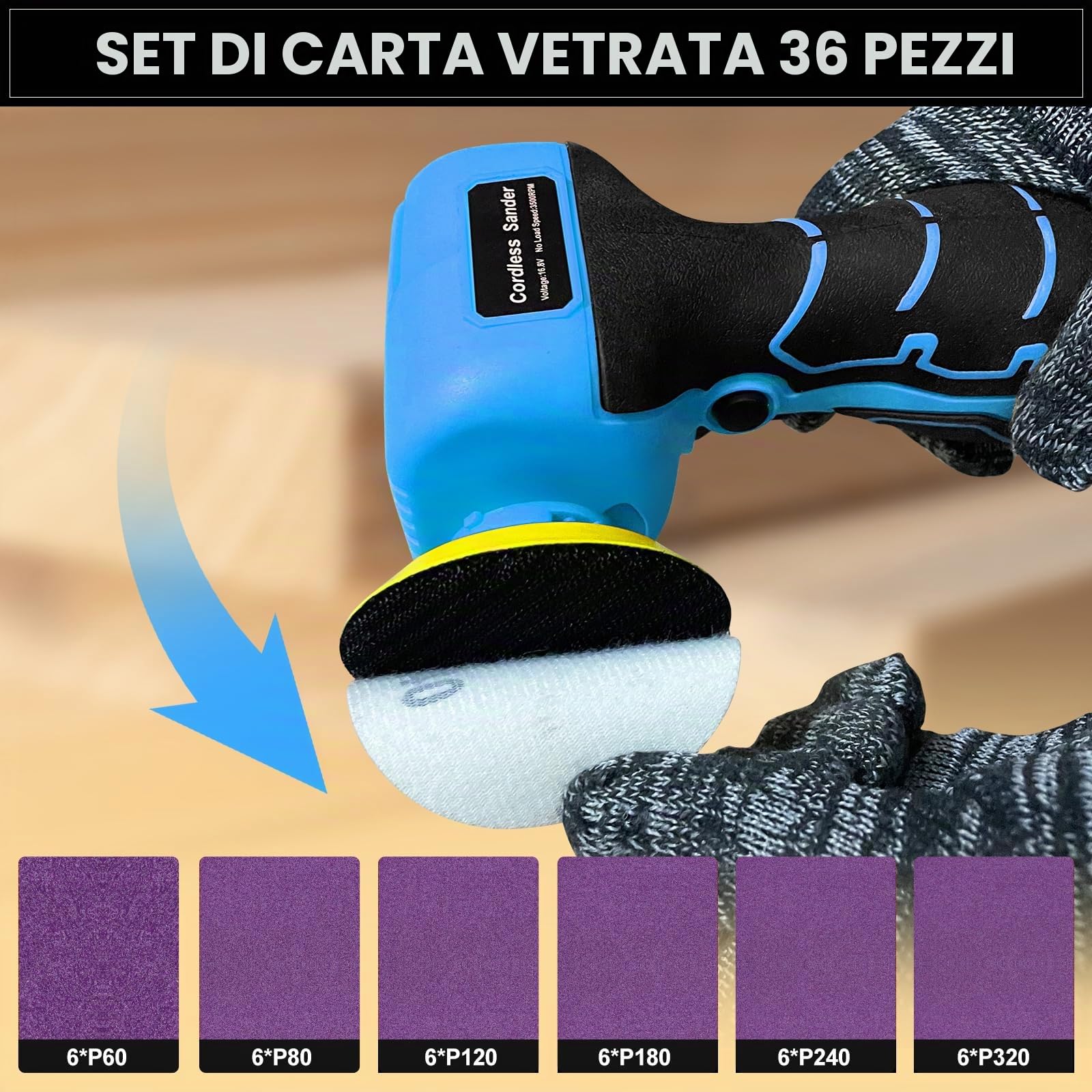 Levigatrice elettrica senza fili da 16,8 V con 36 carte vetrate, 3500 giri/min, batteria da 3,0 Ah, design leggero e compatto per legno, metallo, rimozione della vernice e progetti fai da te