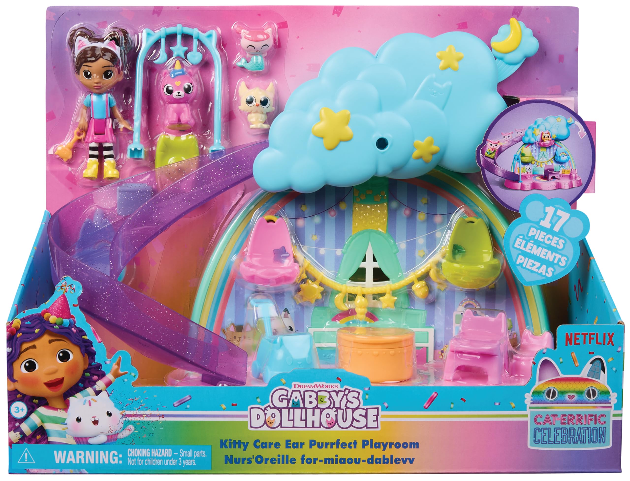 Gabby's Dollhouse, Stanza dei Giochi dell'Asilo Gatto-Orecchio, Set di Gioco da 17 Pezzi con 4 Personaggi e Mobili per la Casa delle Bambole, Giocattoli per Bambine e Bambini, 3+ Anni
