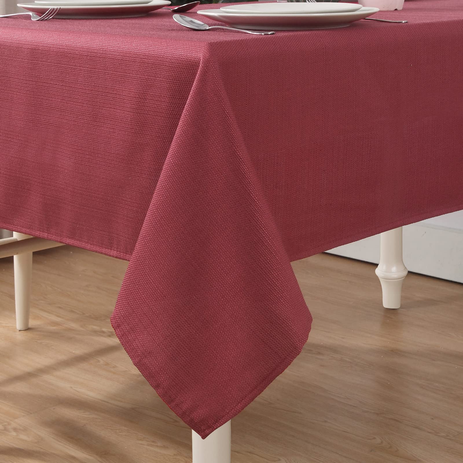 DearL%k 60 x 84 Inch Rectangular Textured Fabric Tablecloth Water Resistant Table Cloth for Dining, Buffet, Party, Burgundy.