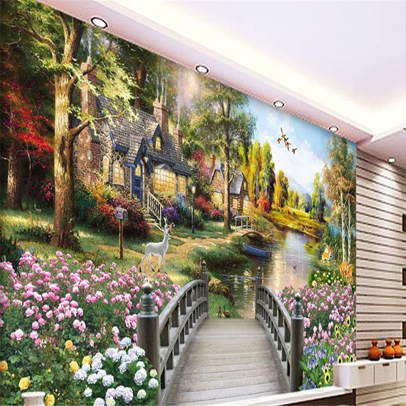 Sheroching 3d壁紙リビングルーム壁画牧歌的な油絵建物木製橋背景壁装飾ステッカー壁アートステッカー Pvn8ecanrp Skalefitness Com