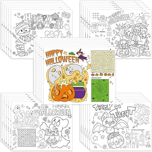 AnyDesign - 30 manteles individuales de papel de Halloween de 5 estilos para colorear de 11 x 14 pulgadas, tapete de comedor desechable para disponible en Yaxa Peru