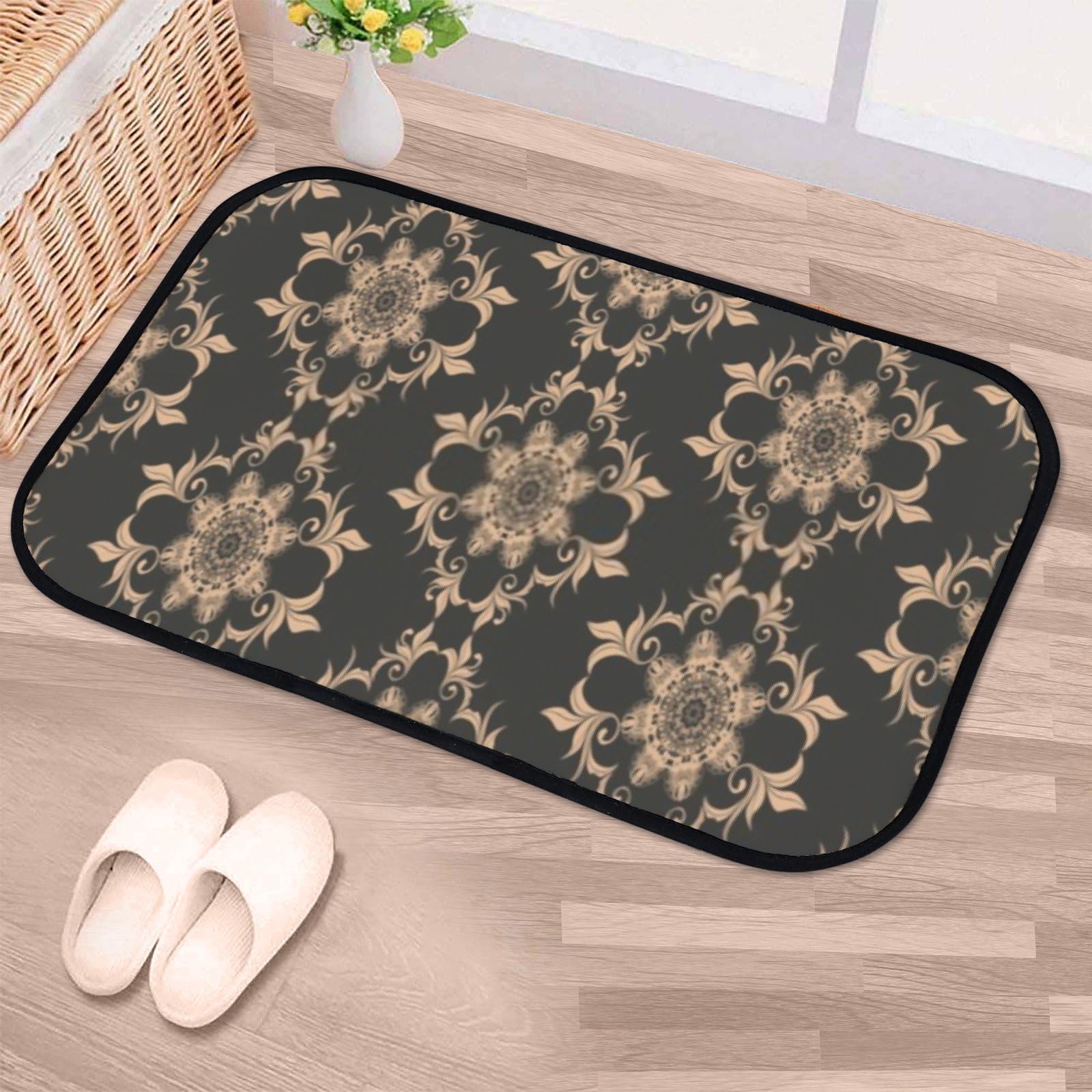QAZPL Nuansexi Bathroom Rugs Ornament Background Black Floor Mats Non Slip Bathmat Doormat Tub Mat Coral Velvet Absorbent Entrance Carpet Mats Machine Washable Bedroom Decor