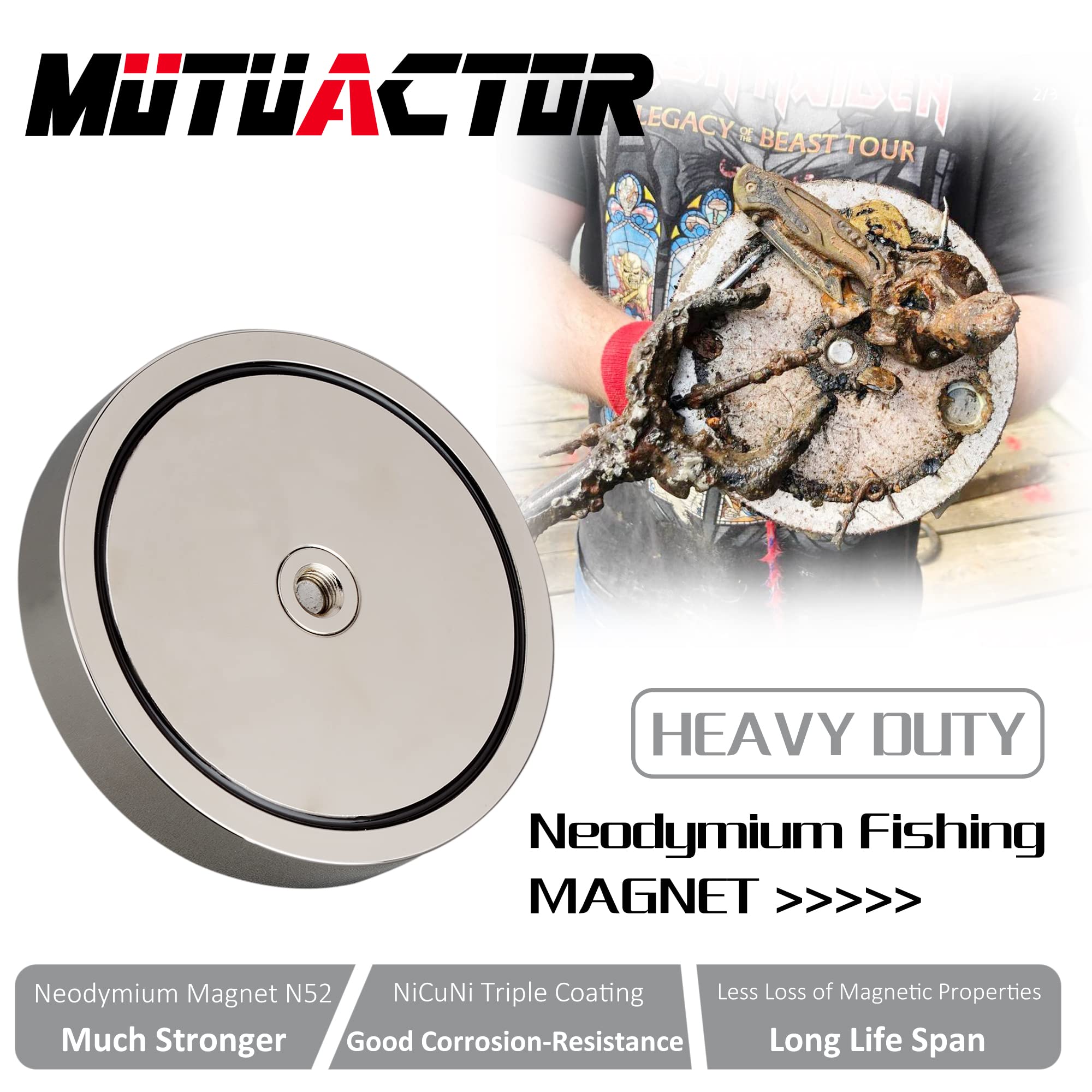 MUTUACTOR Magnete da pesca industriale 2100 libbre Strength with Safty Gloves, Neodymium Fishing Magnet Kit Heavy Duty con 49 feet rope for Recovery and Salvage Fishing Under Water. …