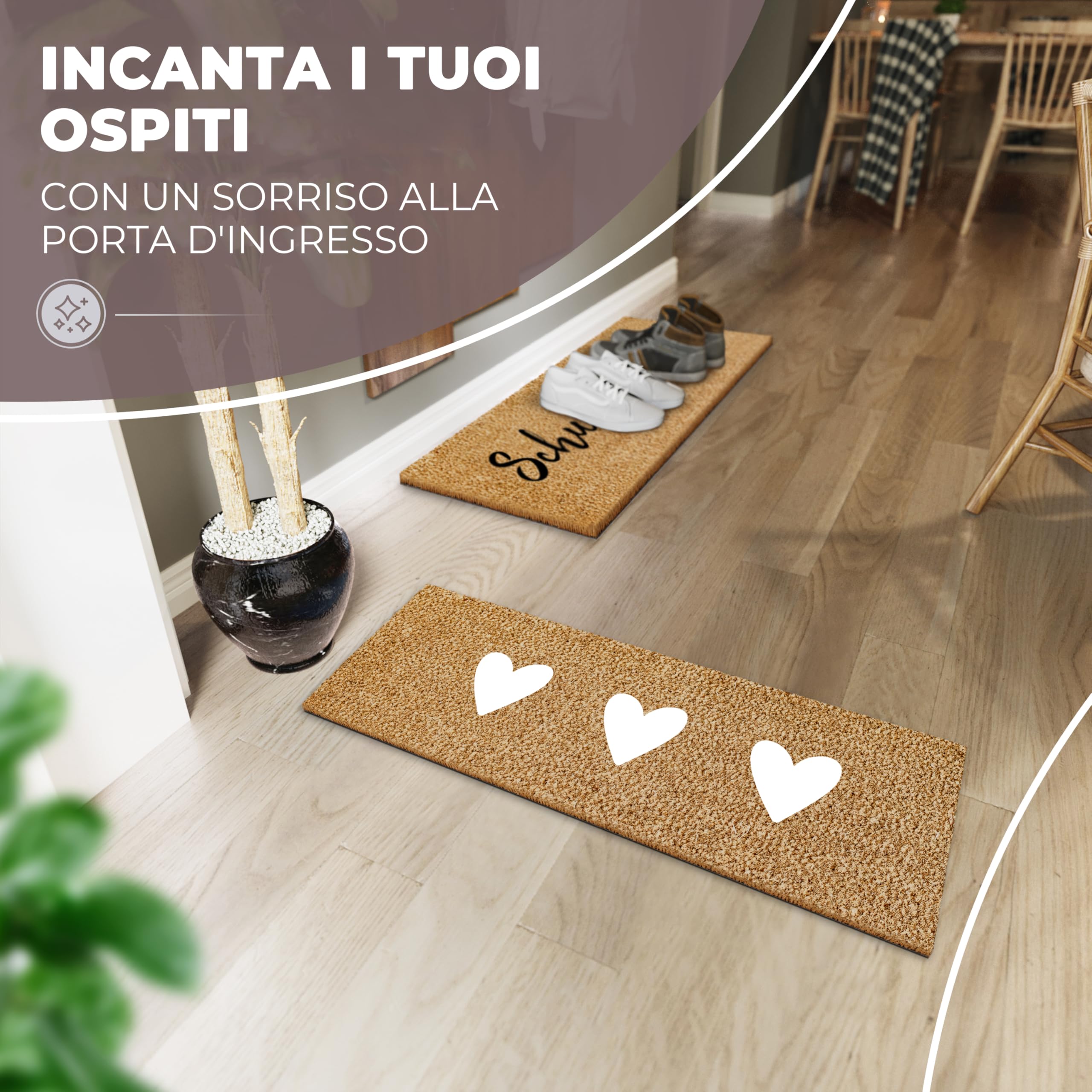 ElbFuchs® Zerbino in Cocco 75x25 cm | Cuori Bianchi | Extra Resistente e Antiscivolo | Zerbino Esterno e Interno Ingresso | Tappeto Spazzola in Cocco per Ingresso Esterno Stretto