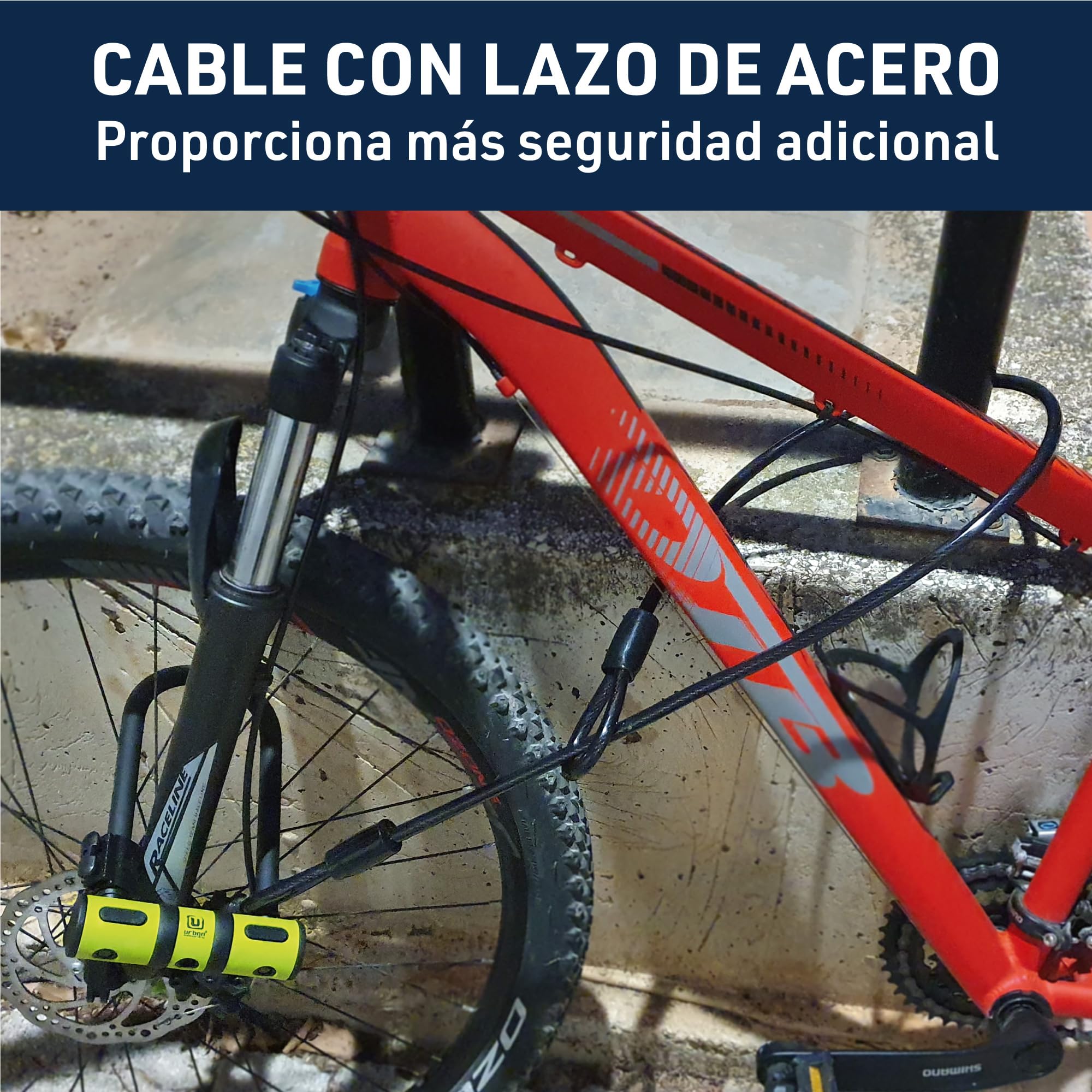 URBAN UR80150B Candado Bicicleta U, Alta Resistencia, Ligero + Cable Más Seguro y Páctico, Horquilla ø13 Acero Endurecido de Doble Bloqueo, Soporte Fácil Transporte, Antirrobo Universal Bici Patinete