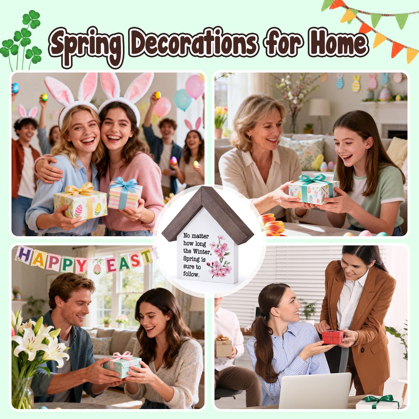 MBL Spring Decorations for Home Office - Wood Spring Inspirational Gifts Easter Basket Stuffers Essentials Farmhouse Rustic Table House Bedroom Living Room Tiered Tray Decor for Women Men Coworkers