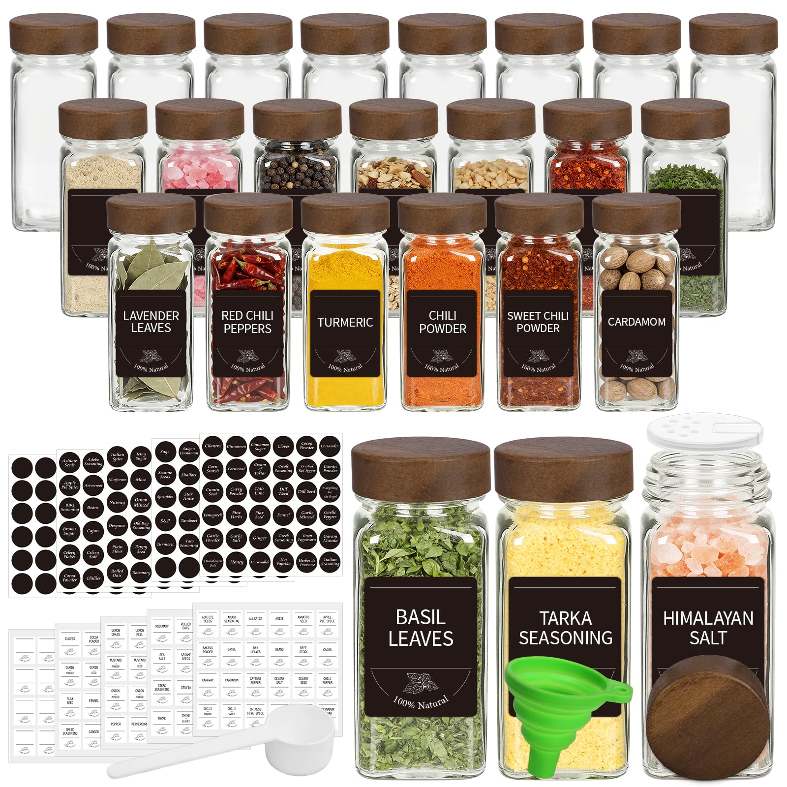 EkkoVla 120ml Square Glass Spice Jars with Lids and Labels, 24 Pack – Acacia Wood Airtight Shaker Lids, Complete Set with Funnel & Spoon for Herbs, Spices & Kitchen Storage