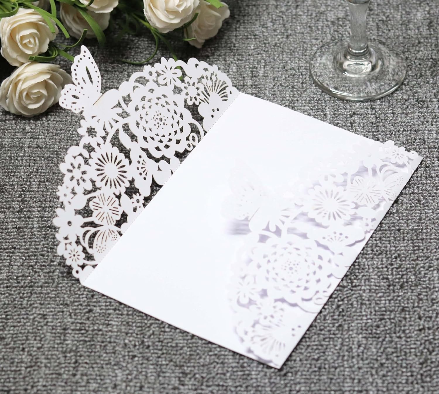 50PCS 3D Butterfly Flower Laser Cut Wedding Invitation Cards with Envelope Blank Inner Sheet Hollow Out Flower Shape Invitations for Wedding Quinceanera Birthday Shower Engagement Party 07